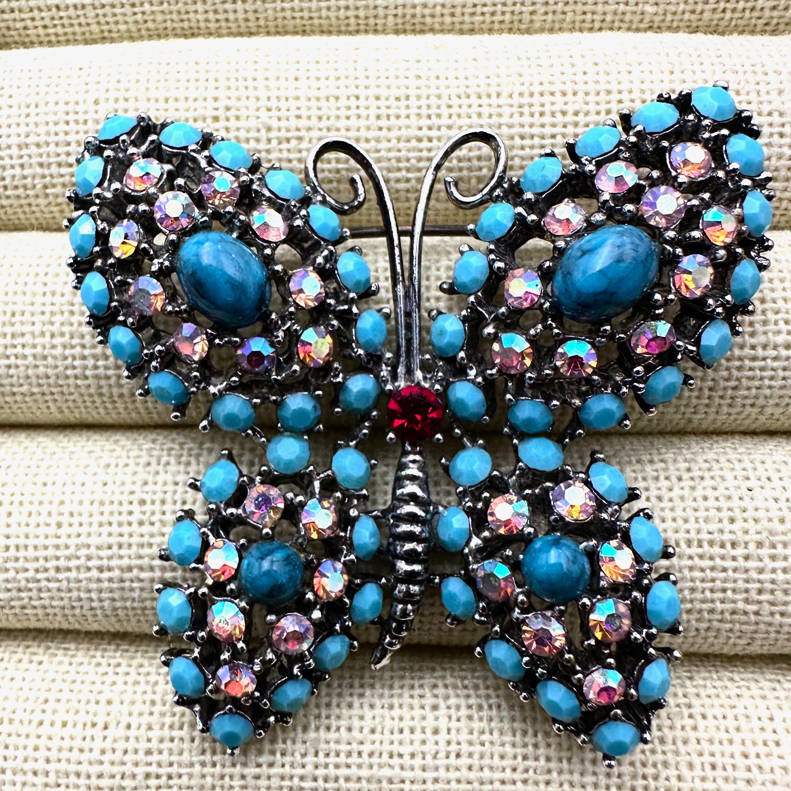 Vintage Weiss Blue Pink Rhinestone Silver Tone Butterfly Brooch Pin 2.5 Inch (1 of 2)