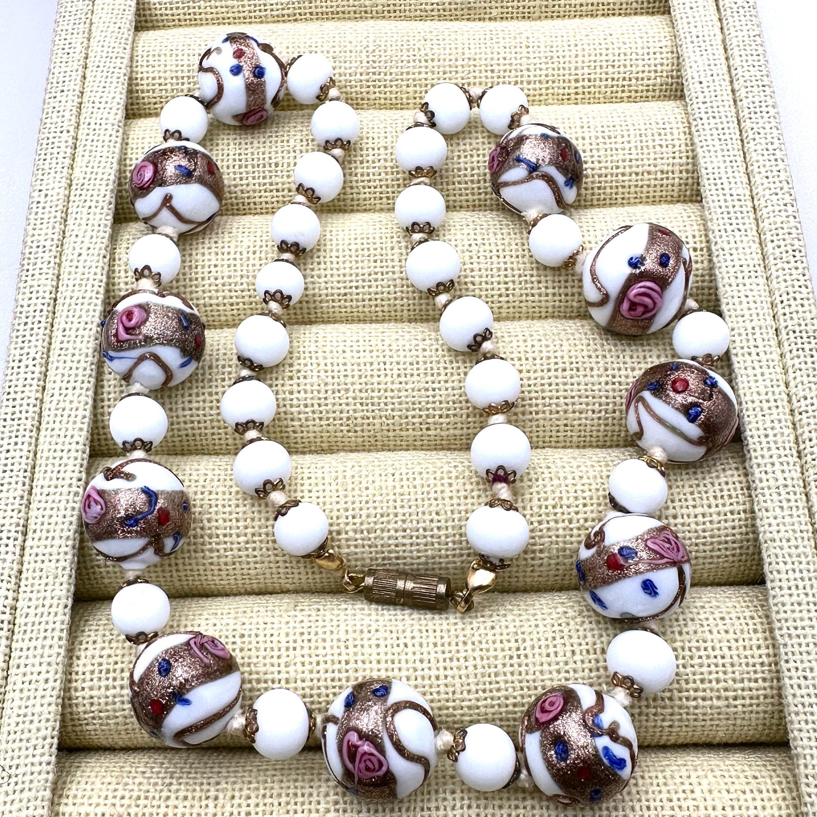 Vintage Antique Venetian Wedding Cake Glass Bead Necklace White Pink Blue Gold 17 Inch: Vintage Antique Venetian Wedding Cake Glass Bead Necklace White Pink Blue Gold 17 Inch