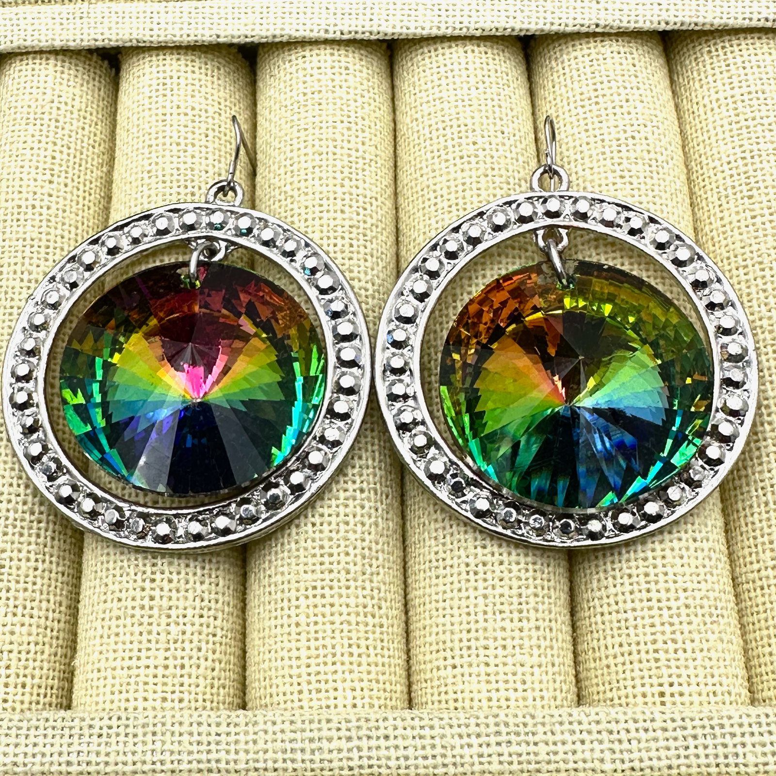 Large Rivoli Glass Rhinestone Silver Tone Pierced Earrings 2 Inch Length (1 of 2)