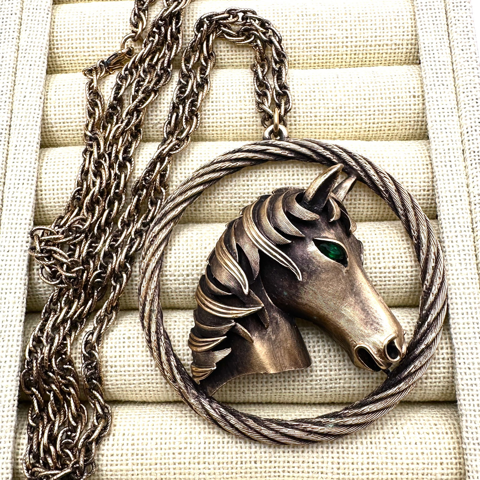 Vintage Trifari Horse Pendant Necklace Antiqued Gold Tone 28 Inch Chain (1 of 2)