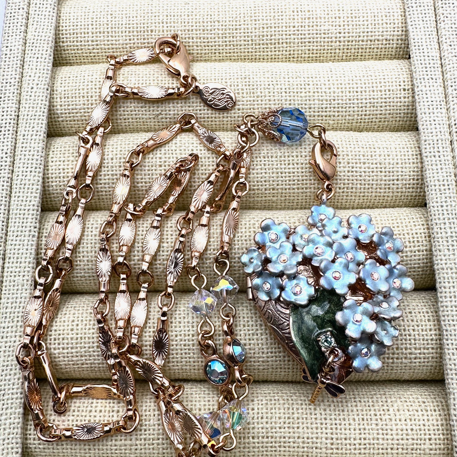 Kirks Folly Forget Me Not Enamel Flowers Gold Tone Crystal Heart Locket Necklace 28 Inch Chain (1 of 3)