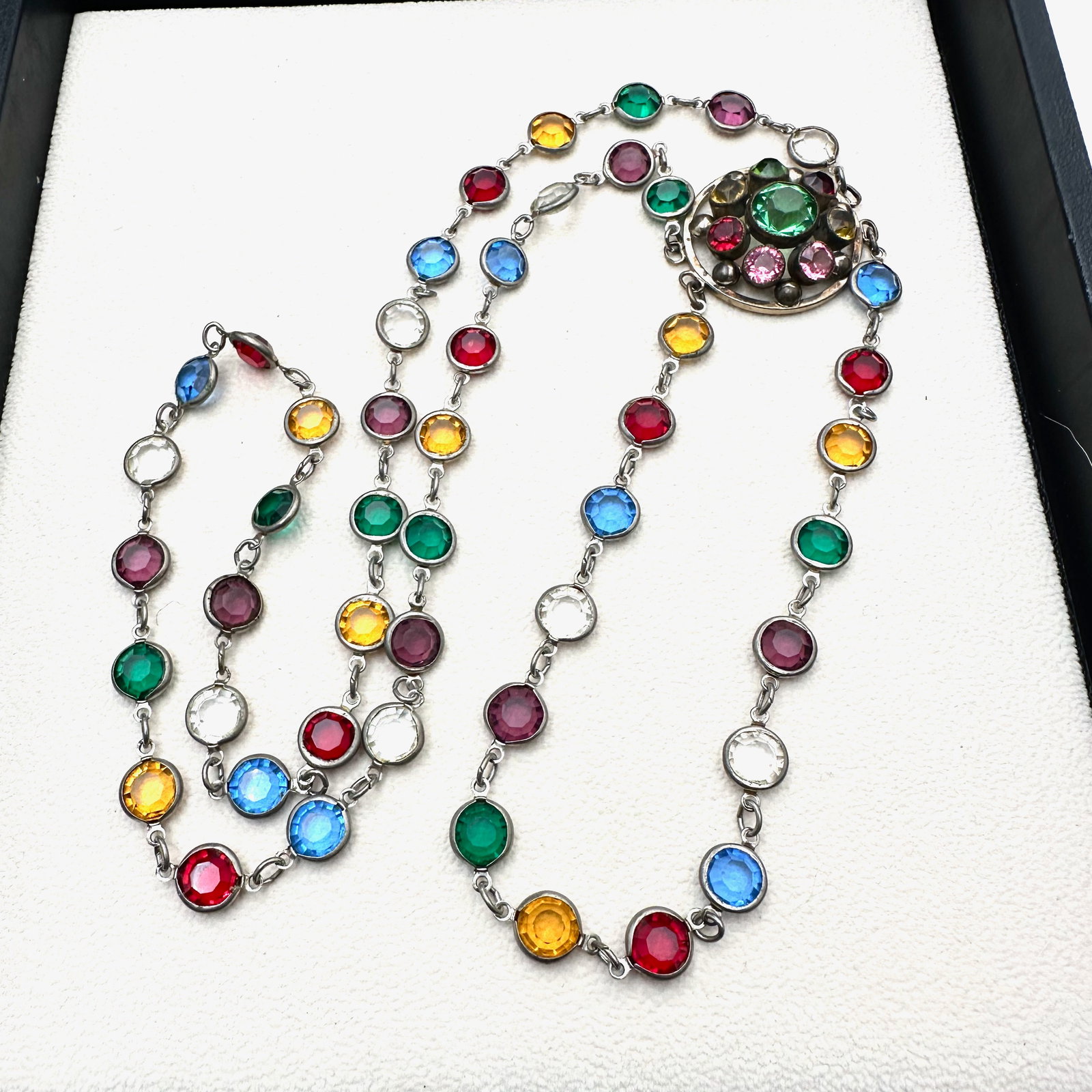 Vintage Bezel Set Multicolor Crystal Necklace 22 Inch Wearable Length Unusual Neat Design (1 of 3)