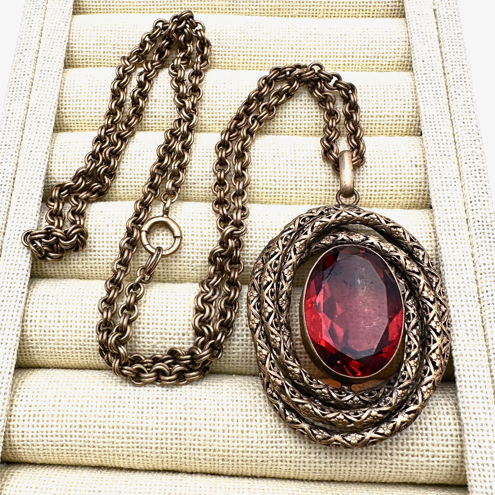 Antique Orange Czech Glass Snake Design Pendant Necklace Antiqued Gold Tone Chain 28 Inch (1 of 2)