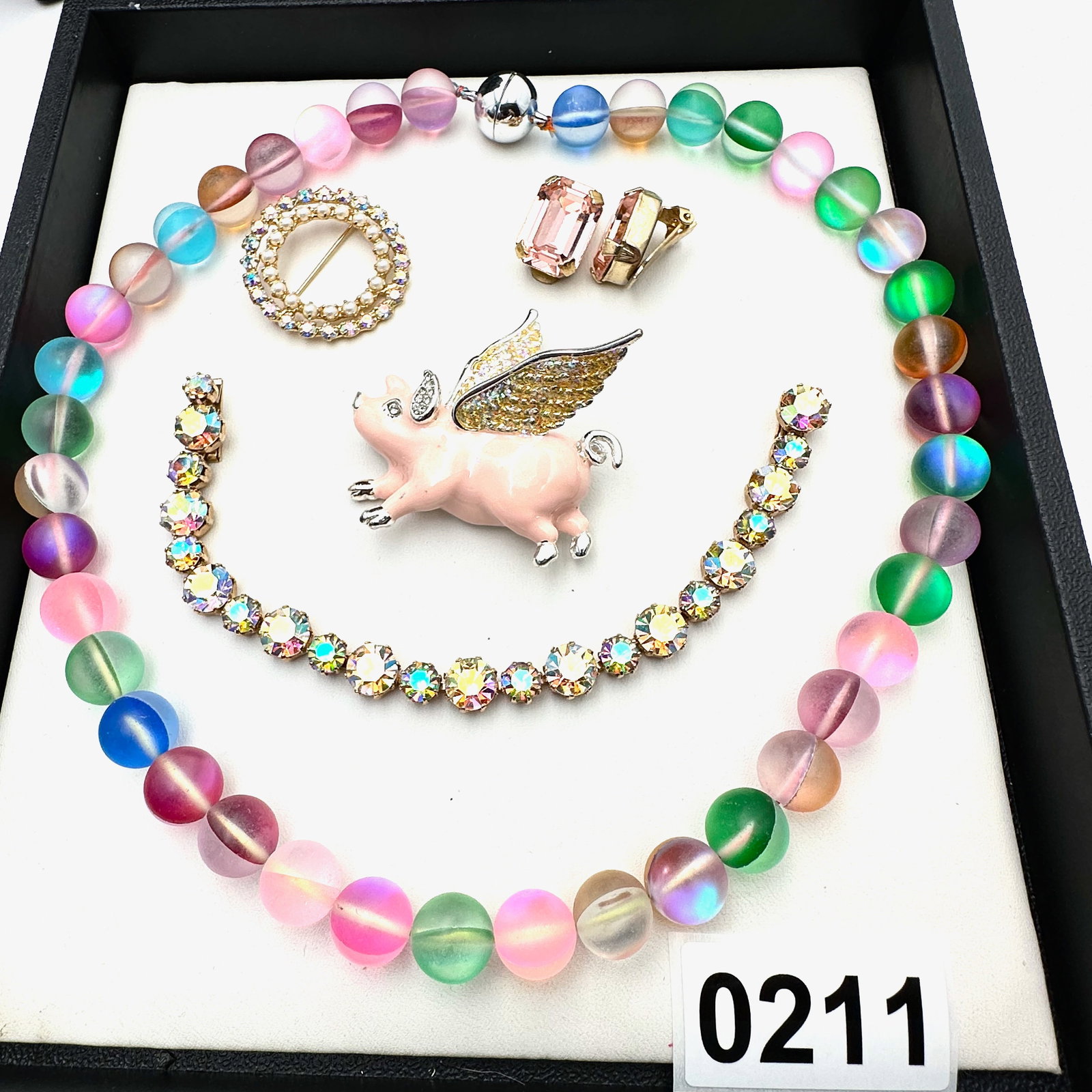 Vintage and Modern Jewelry Collection Group Opalescent Glass Bead Necklace Aurora Borealis Bracelet: Vintage and Modern Jewelry Collection Group Opalescent Glass Bead Necklace Aurora Borealis Bracelet Brooches Clip Earrings