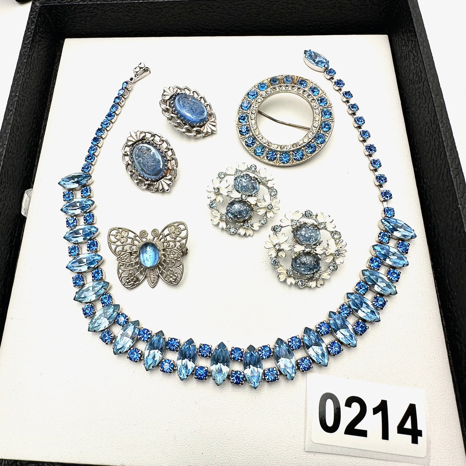 Vintage and Modern Jewelry Collection Group Blue Rhinestone Necklace Whiting and Davis Earrings (1 of 2)