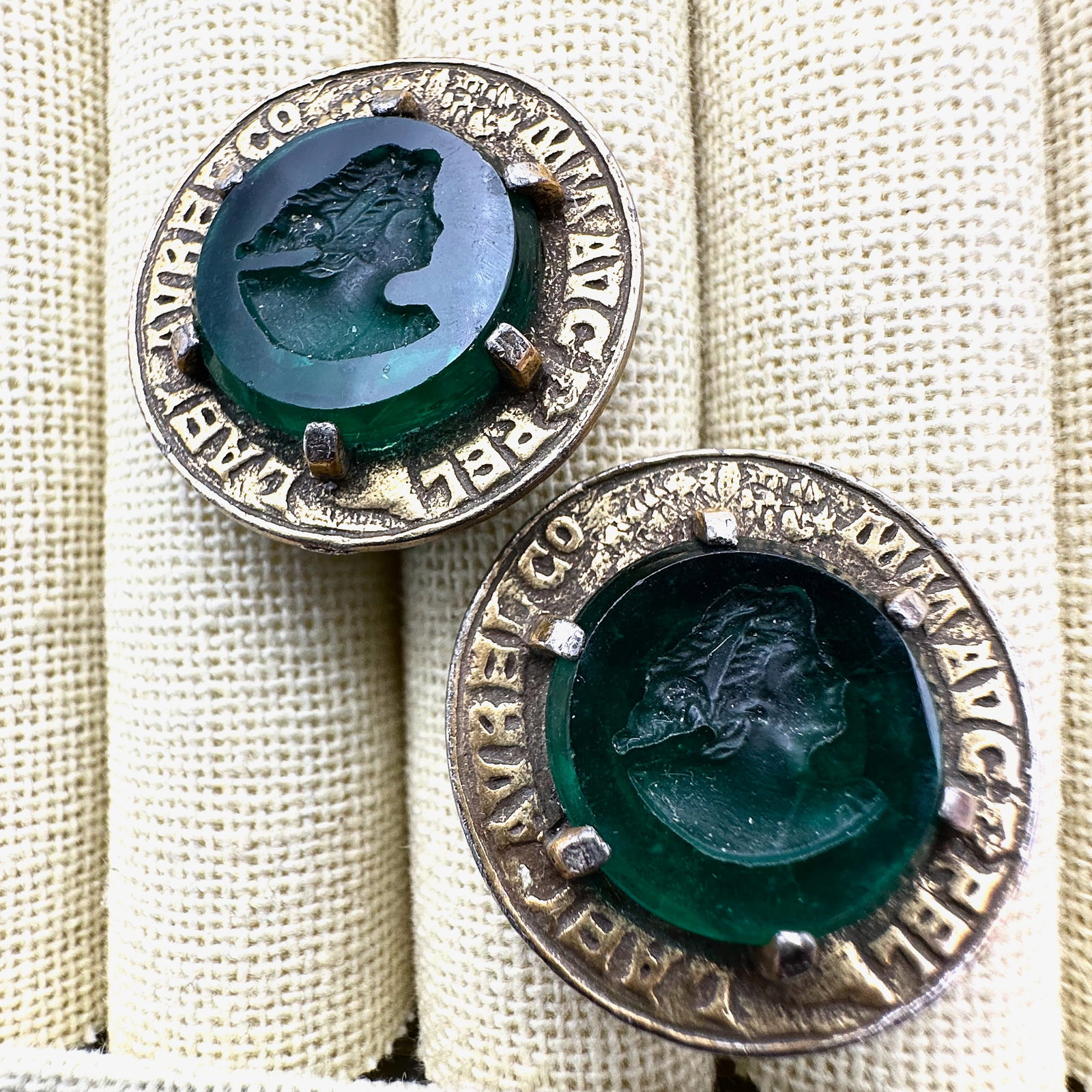 Vintage Capri Green Intaglio Glass Gold Tone Clip Earrings (1 of 2)