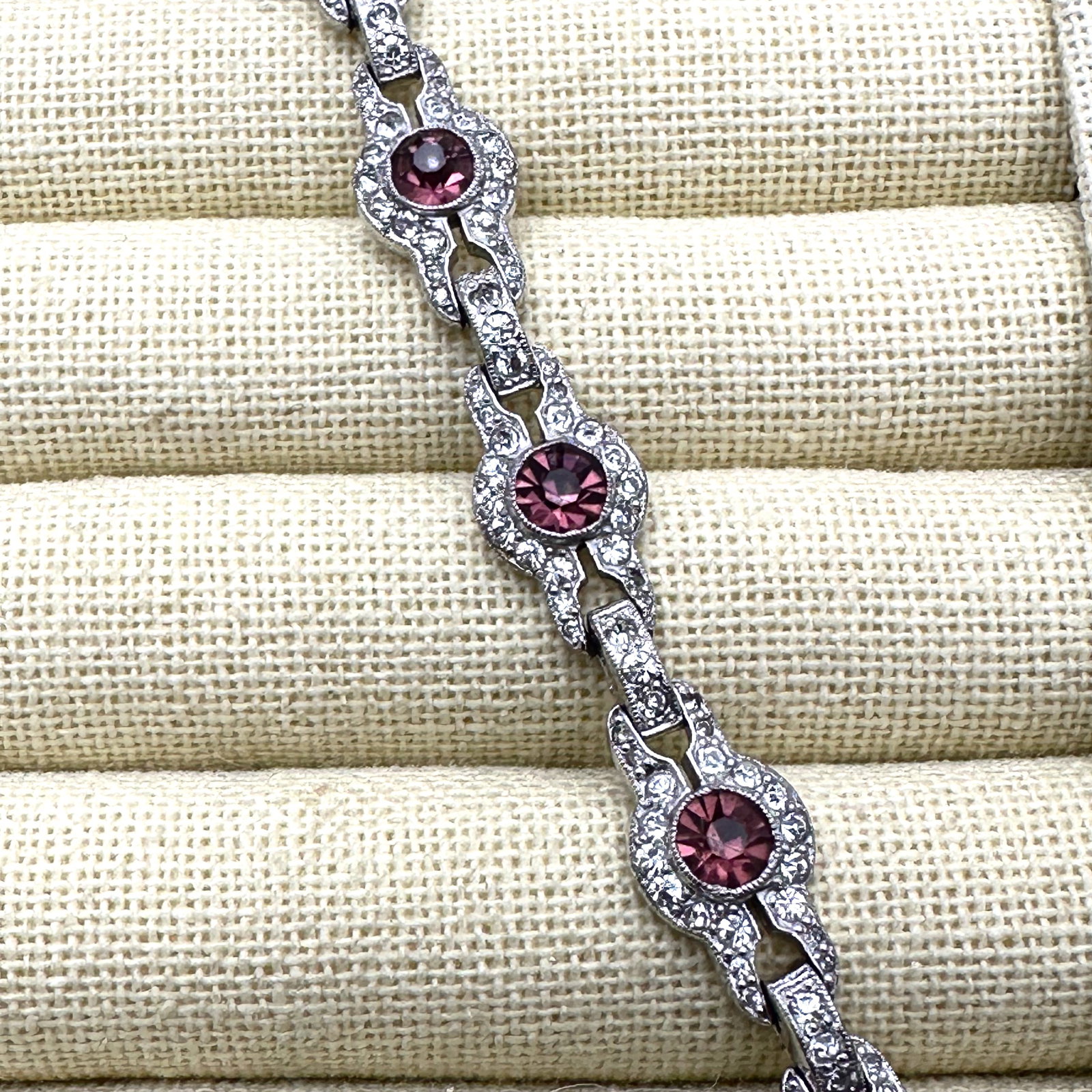 Vintage Purple and Clear Rhinestone Silver Tone Bracelet 7 Inch Older Pot Metal: Vintage Purple and Clear Rhinestone Silver Tone Bracelet 7 Inch Older Pot Metal