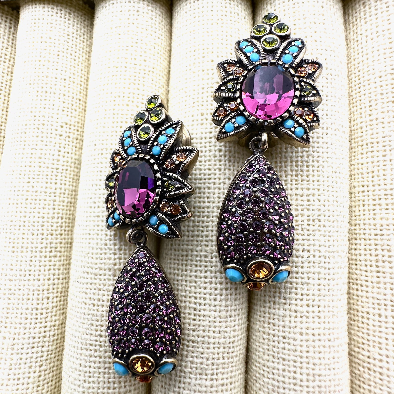 Heidi Daus Multicolor Crystal Bronze Tone Earrings 2 Inch Length Clip (1 of 2)