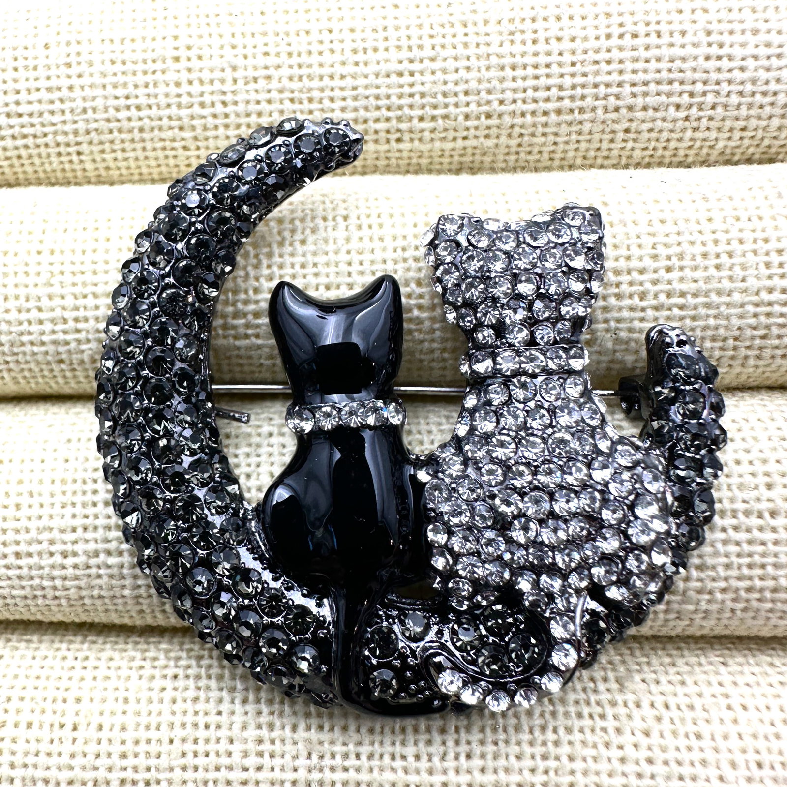 Black and Clear Crystal Two Cats Sitting on the Moon Brooch Pin 2 Inch (1 of 2)