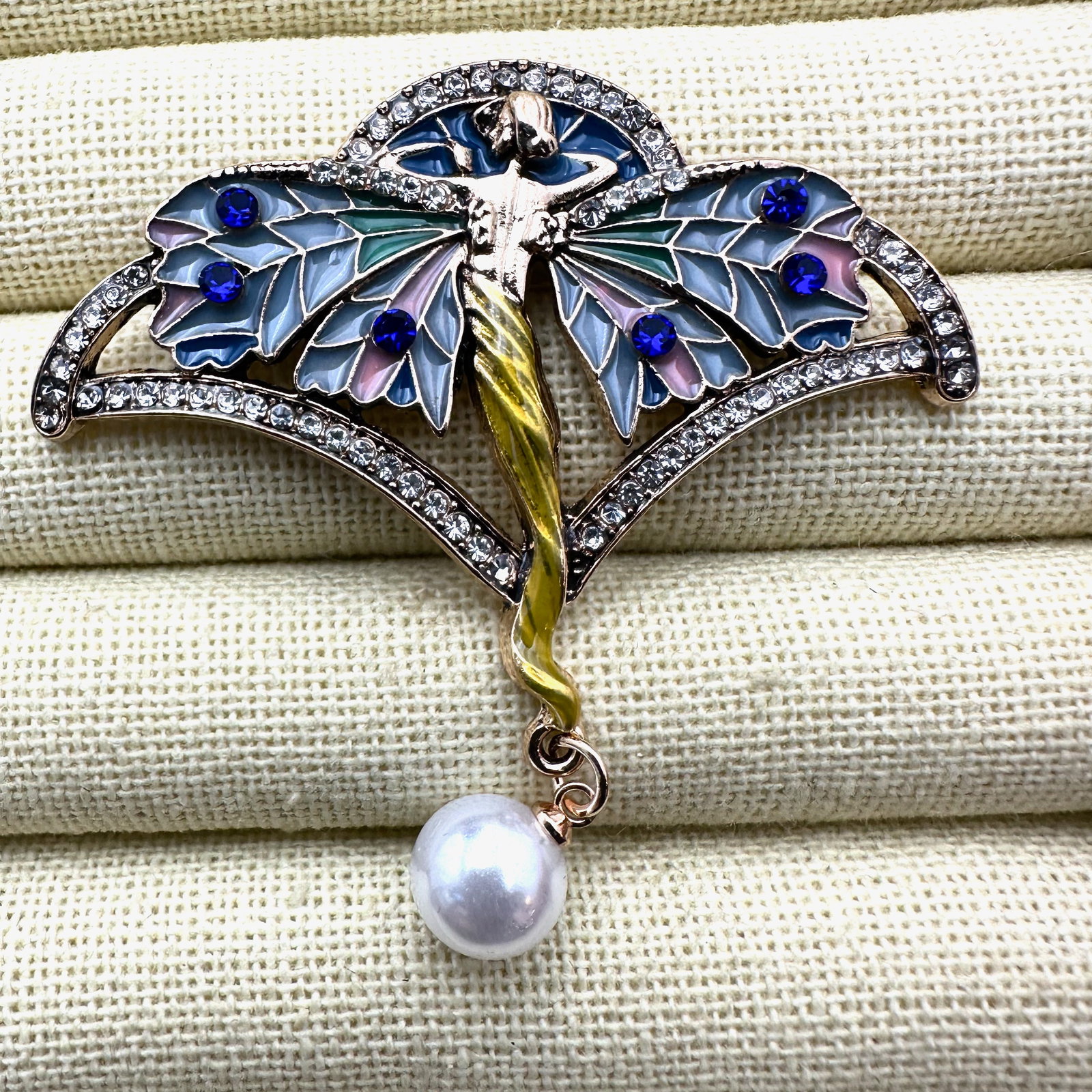 Art Nouveau Design Enamel Lady Butterfly Wings Crystal Gold Tone Brooch Pin 2 Inch (1 of 2)