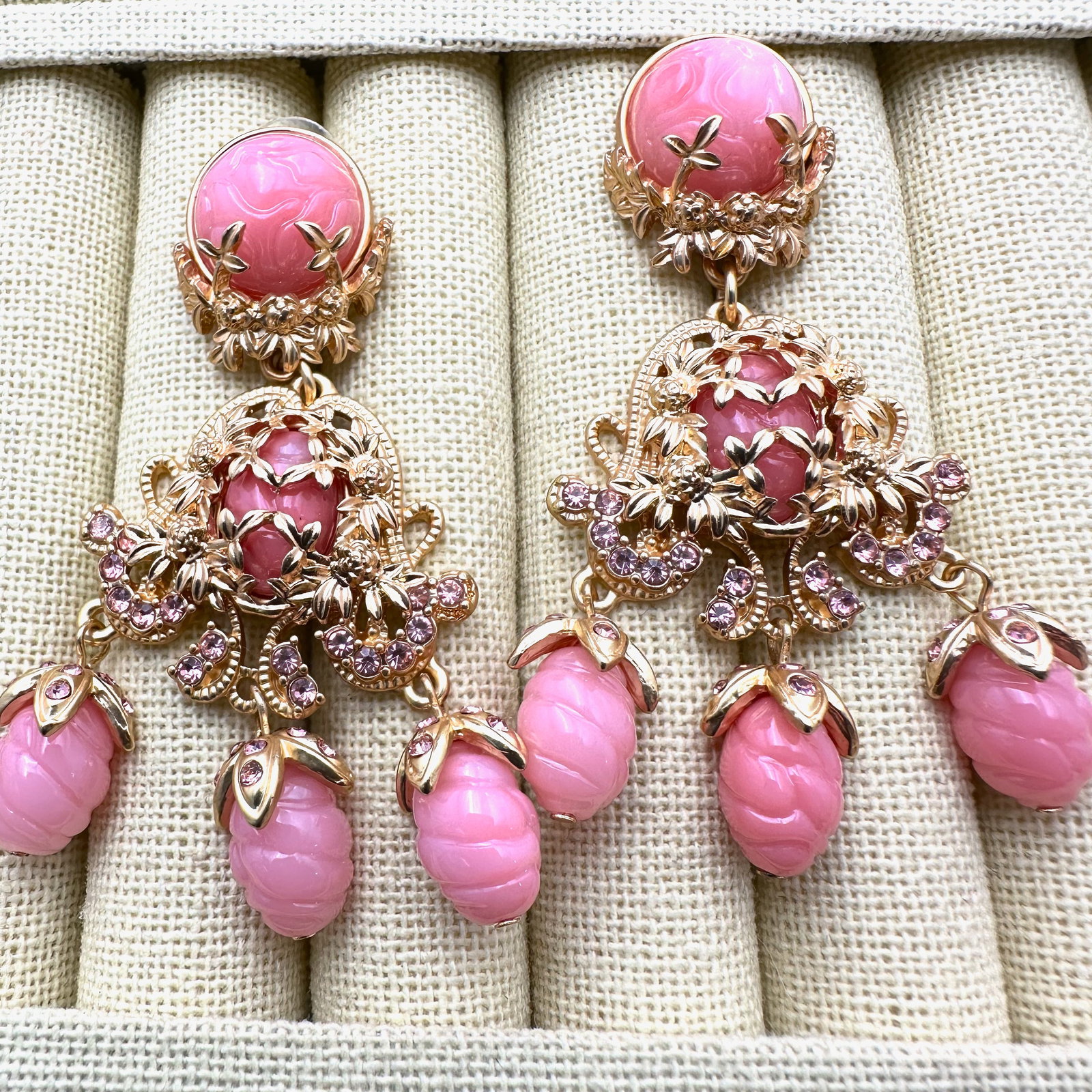 Pink Glass Drop Rhinestone Gold Tone Pierced Chandelier Earrings 2.75 Inch: Pink Glass Drop Rhinestone Gold Tone Pierced Chandelier Earrings 2.75 Inch