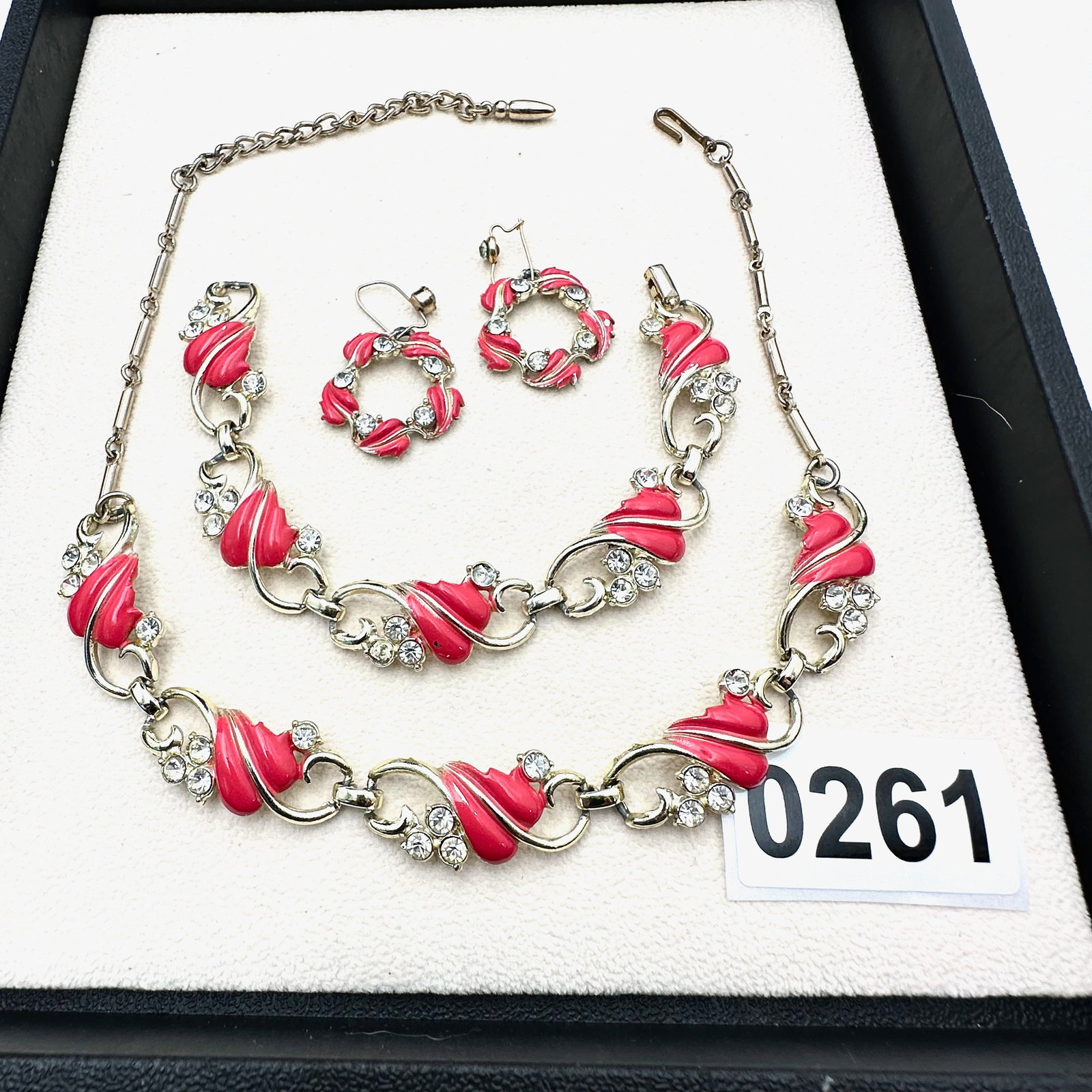 Vintage Coro 3 Piece Set Pink Enamel Light Yellow Rhinestone Gold Tone Necklace Bracelet Earrings (1 of 2)
