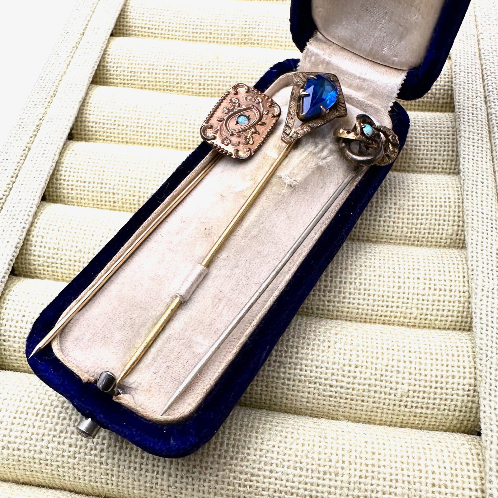 Antique Lot of 3 Gold Filled Stick Pins Velvet Box Included (1 of 2)