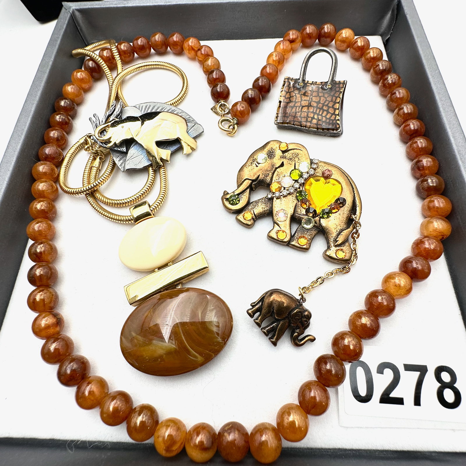 Vintage and Modern Jewelry Collection Group Amber Colored Necklace Elephant Brooches (1 of 2)