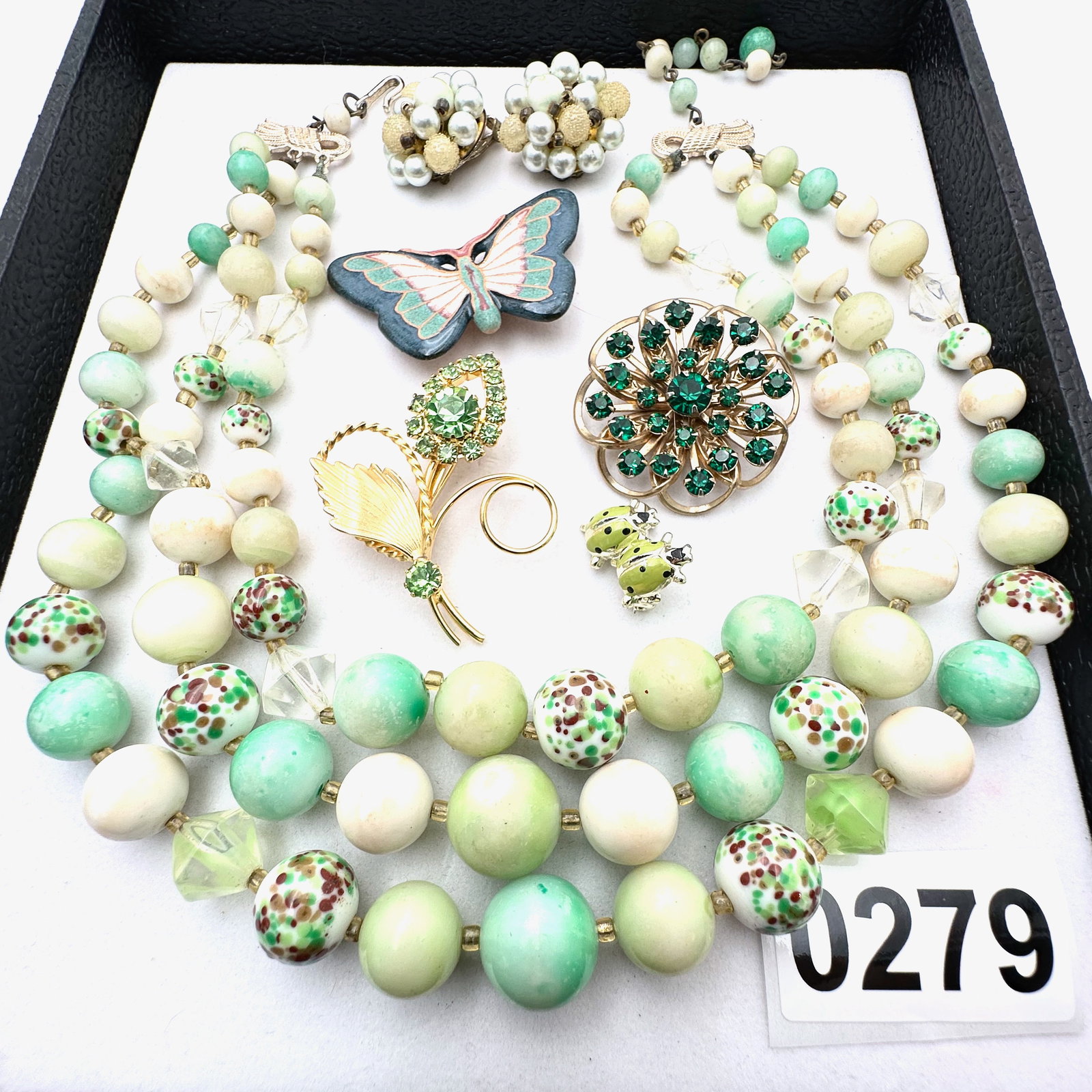 Vintage and Modern Jewelry Collection Group Green Glass Necklace Clip Earrings Figural Brooches (1 of 2)