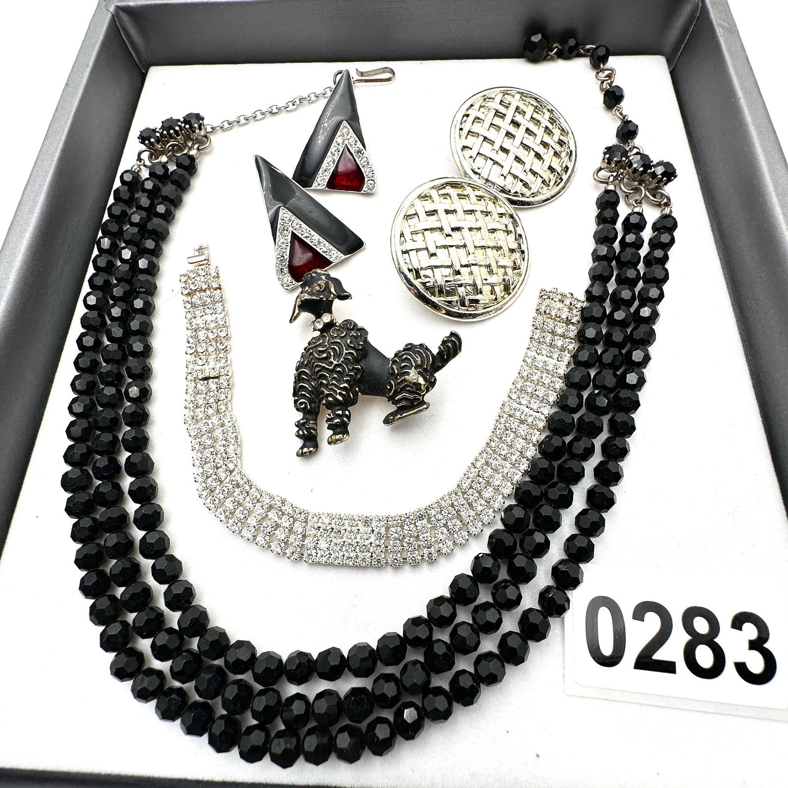 Vintage and Modern Jewelry Collection Group Black Glass Necklace Black Poodle Brooch Rhinestones (1 of 2)