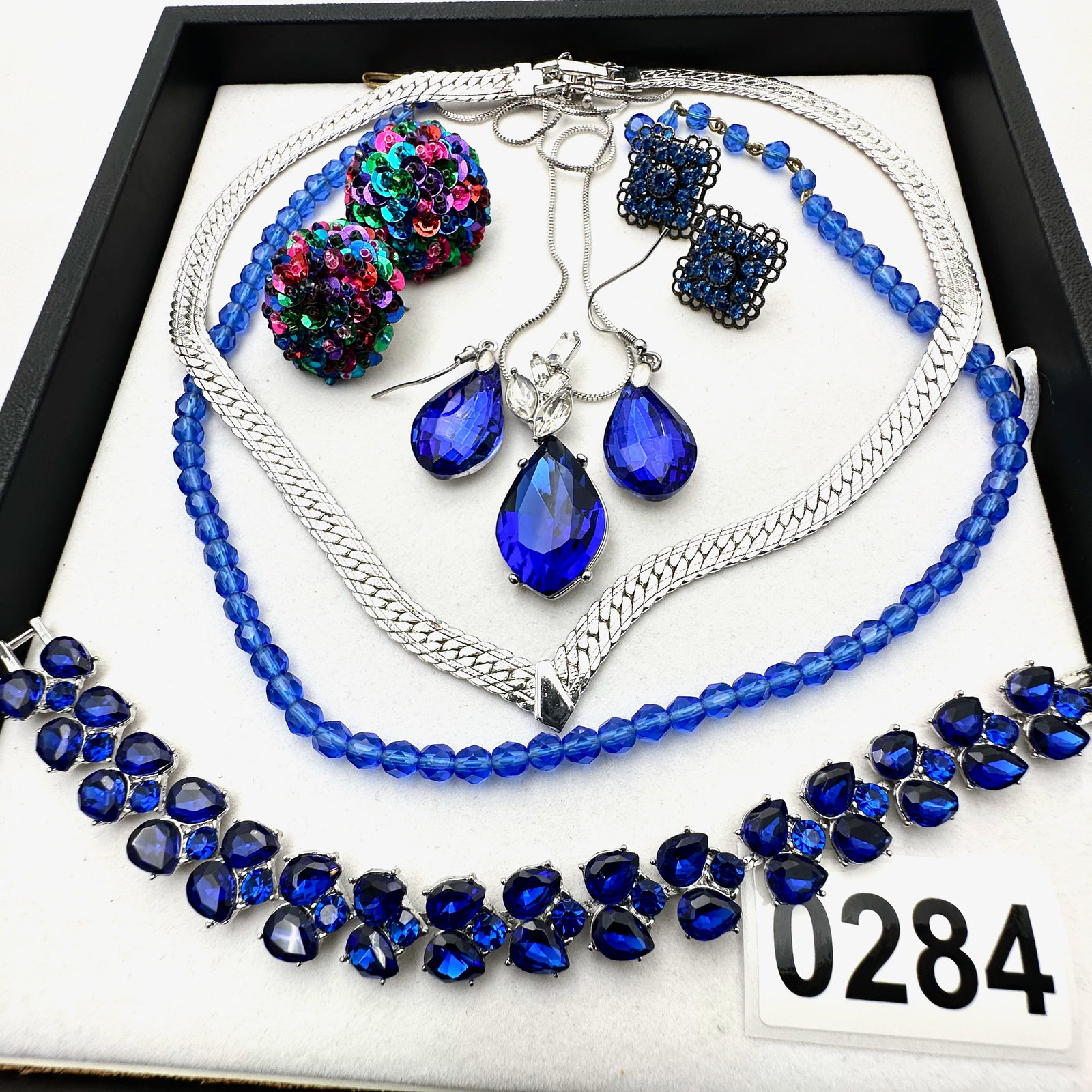 Vintage and Modern Jewelry Collection Group Bright Blue Crystal Necklace Earrings Bracelet Sequin (1 of 2)
