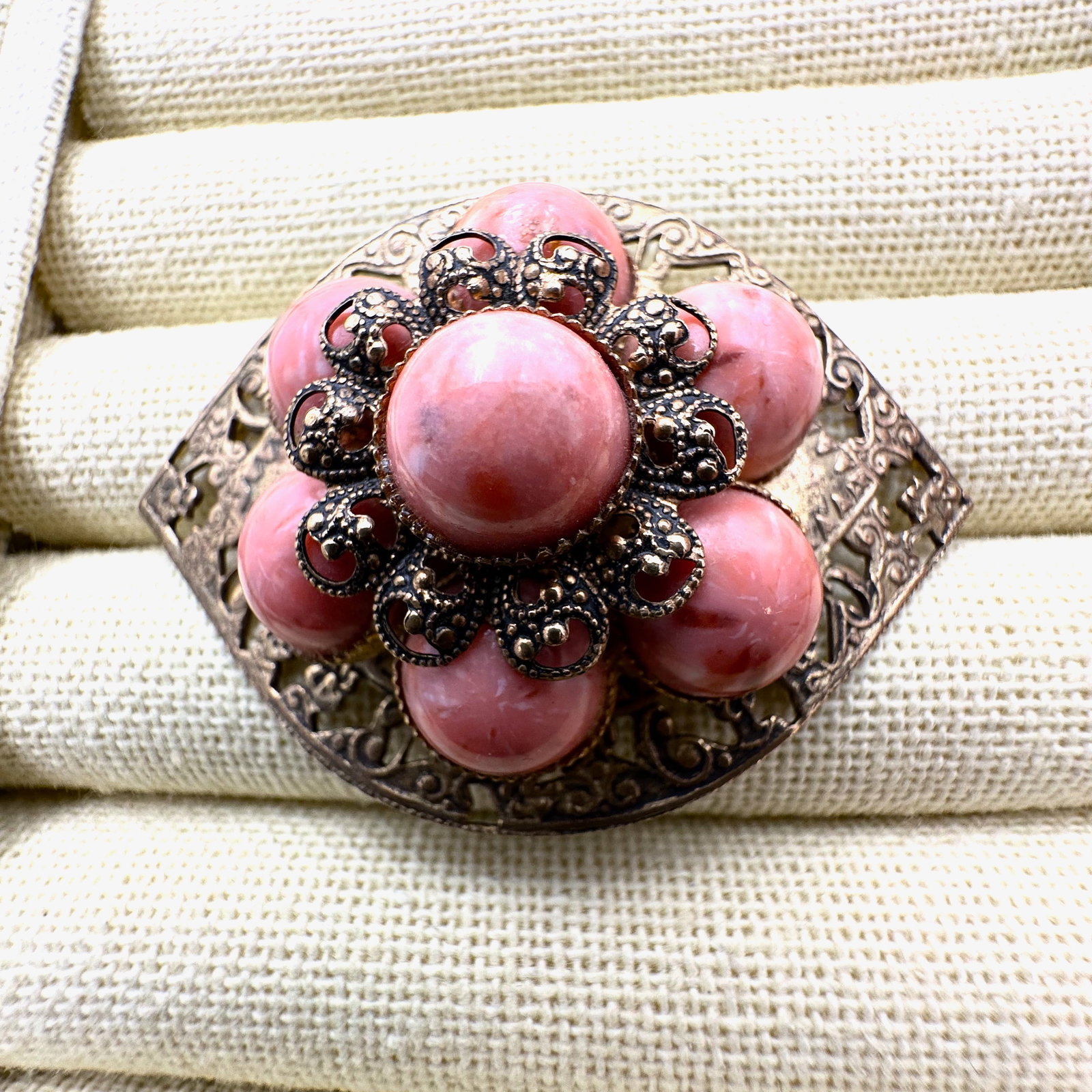 Vintage Early Pink Plastic Cabochon Gold Tone Filigree Brooch Pin 2.25 Inch (1 of 2)