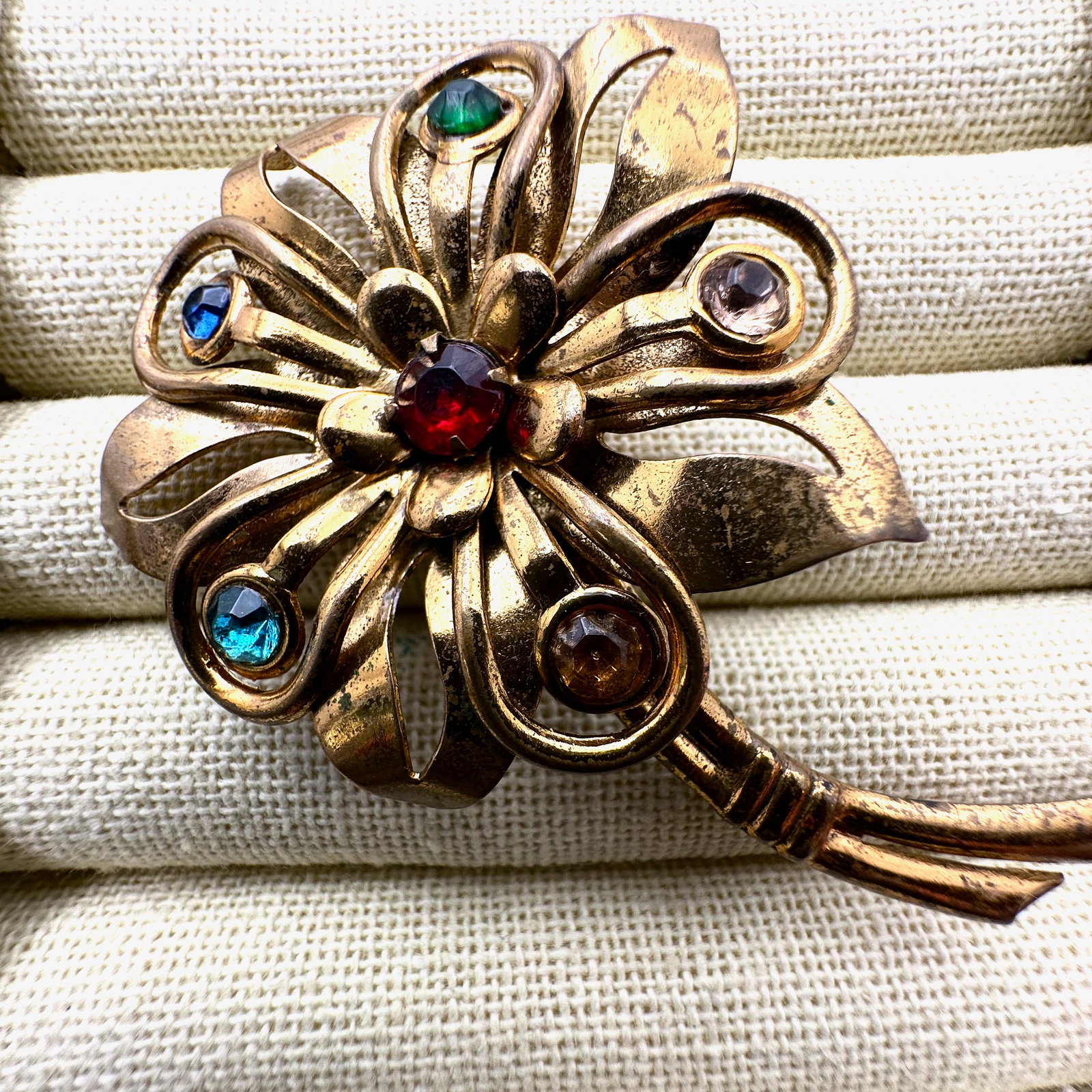 Vintage Multicolor Rhinestone Brass Flower Brooch Pin 3 Inch (1 of 2)
