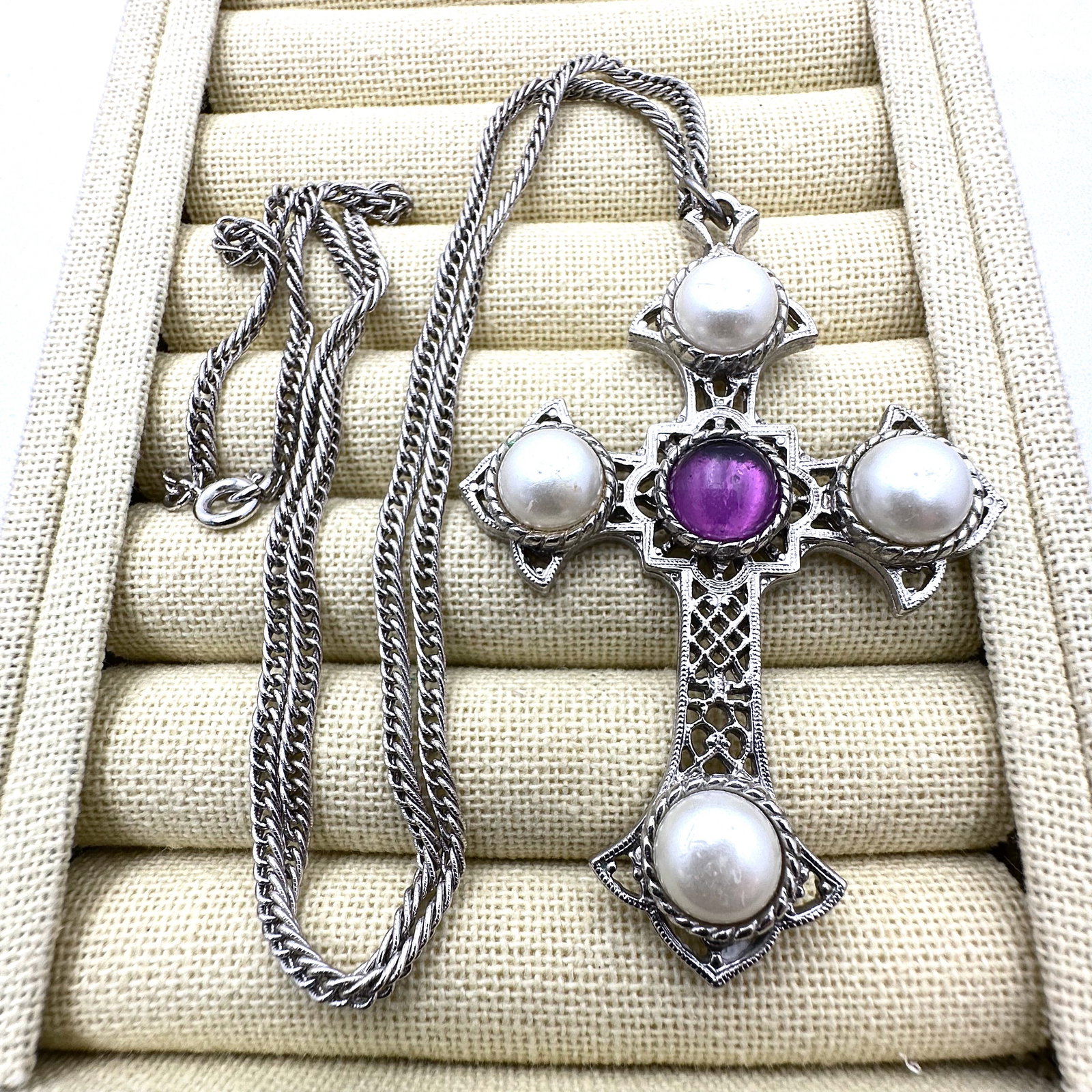 Vintage Sarah Coventry Purple and Faux Pearl Cabochon Silver tone Cross Pendant Necklace 24 Inch: Vintage Sarah Coventry Purple and Faux Pearl Cabochon Silver tone Cross Pendant Necklace 24 Inch Chain