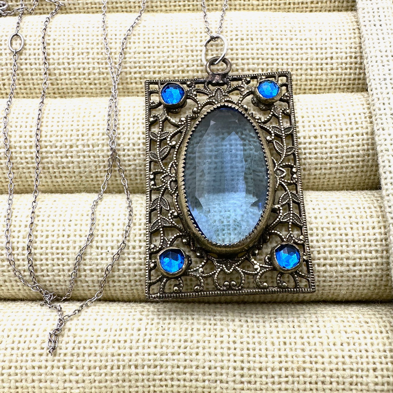 Antique Art Deco Blue Glass Silver Tone 1.5 Inch Pendant Necklace 18 Inch Chain (1 of 2)