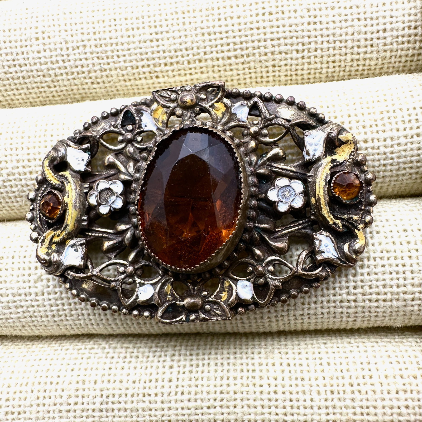 Antique Amber Czech Glass Enamel Flower Design Gold Tone Filigree Brooch Pin 2 Inch (1 of 2)