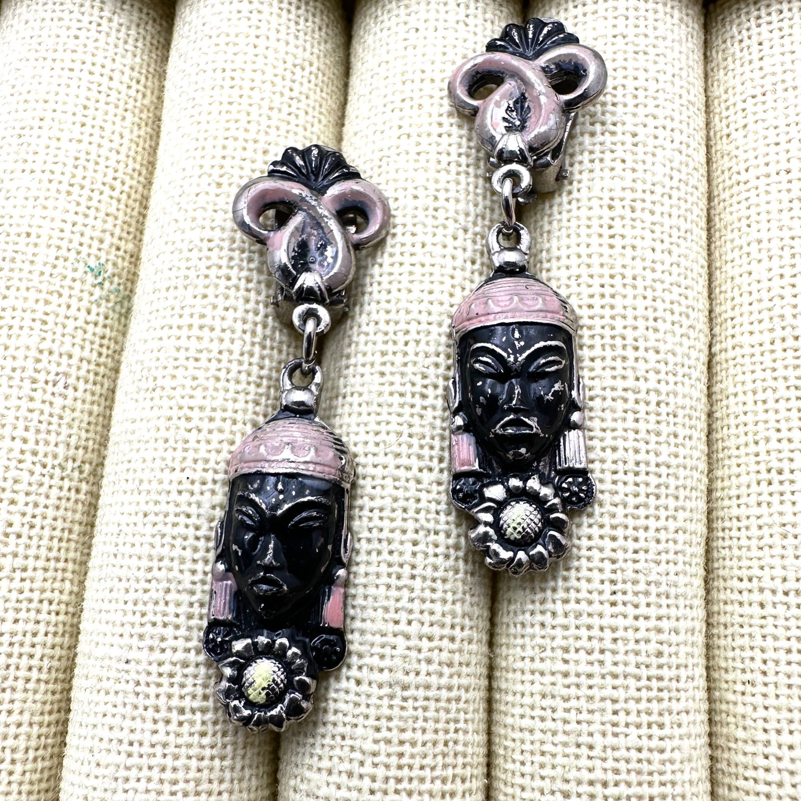 Vintage Asian Princess Enamel Pot Metal Clip Earrings 2 Inch Length (1 of 2)