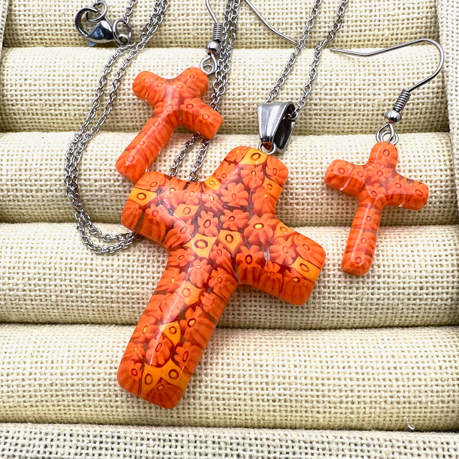 Orange Murano Glass Cross Pendant Necklace and Pierced Earrings Set (1 of 2)