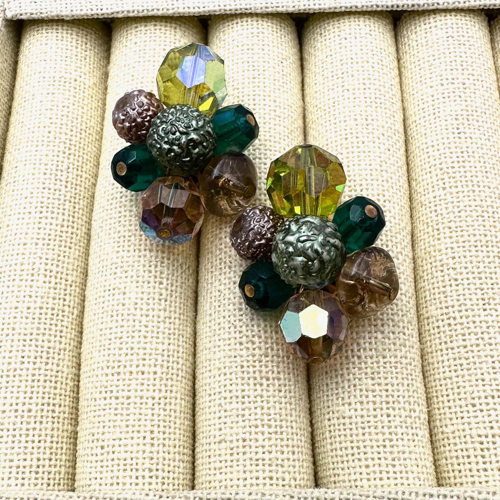 Vintage Hattie Carnegie Yellow Green Orange Glass Bead Clip Earrings (1 of 2)