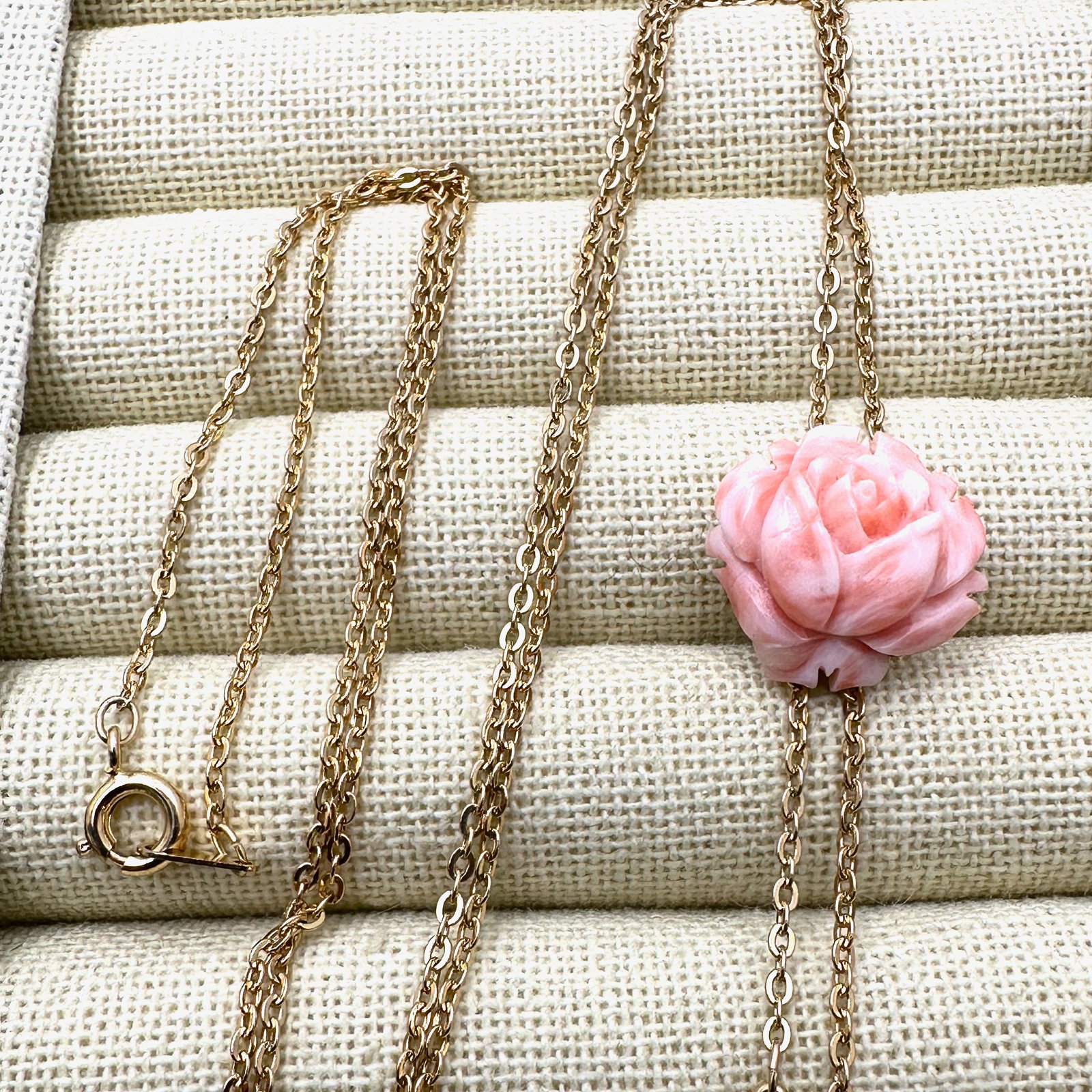 Vintage Angel Skin Coral Carved Rose Slide Pendant Necklace Gold Plated: Vintage Angel Skin Coral Carved Rose Slide Pendant Necklace Gold Plated