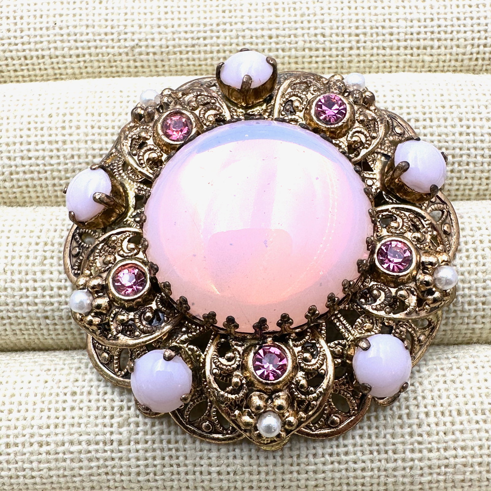 Vintage West Germany Pink Rhinestones Gold Tone Filigree Brooch Pin 2 Inch: Vintage West Germany Pink Rhinestones Gold Tone Filigree Brooch Pin 2 Inch