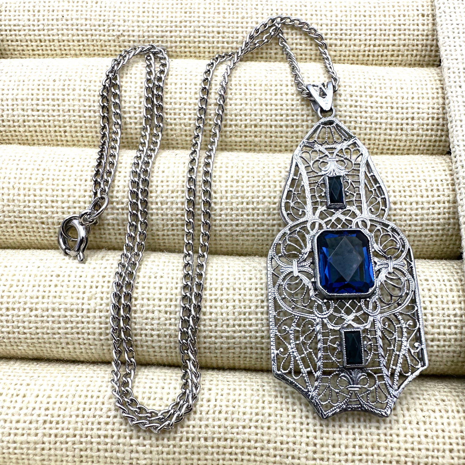 Antique Art Deco Blue Stone Silver Tone Filigree Pendant Necklace 18 Inch Chain (1 of 2)