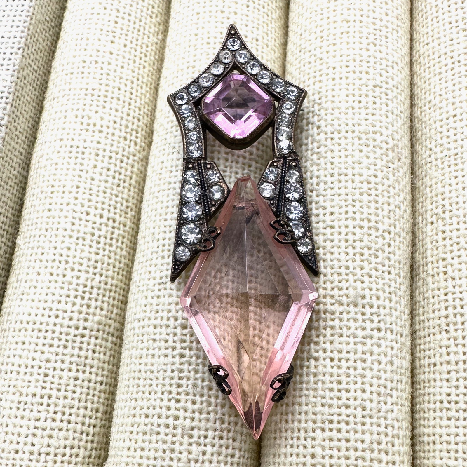 Antique Art Deco Pink Czech Glass Brooch Pin 2.25 Inch (1 of 2)
