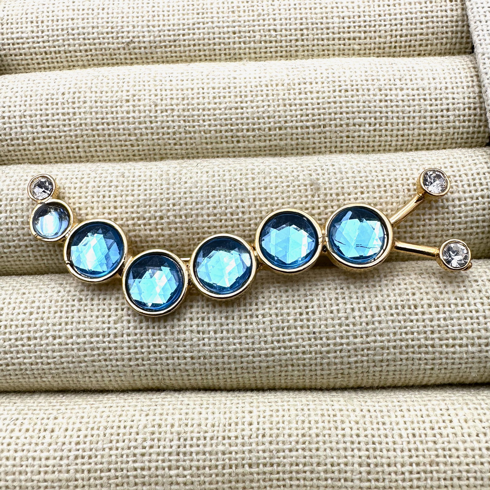 Vintage Blue Rhinestone Gold Tone Caterpillar Brooch Pin 3 Inch (1 of 2)