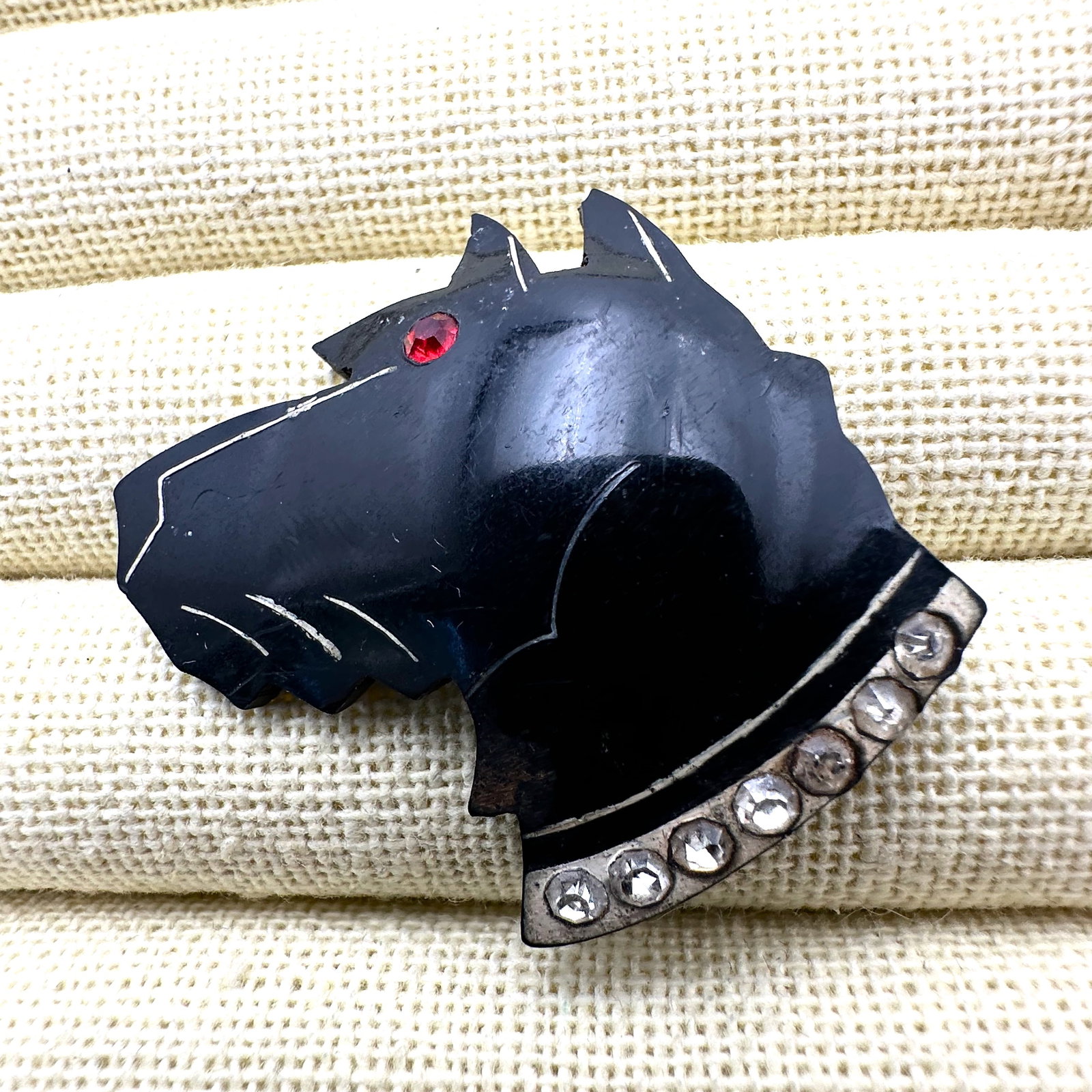 Vintage Antique Early Plastic Black Dog Rhinestone Brooch Pin 1.75 Inch (1 of 2)