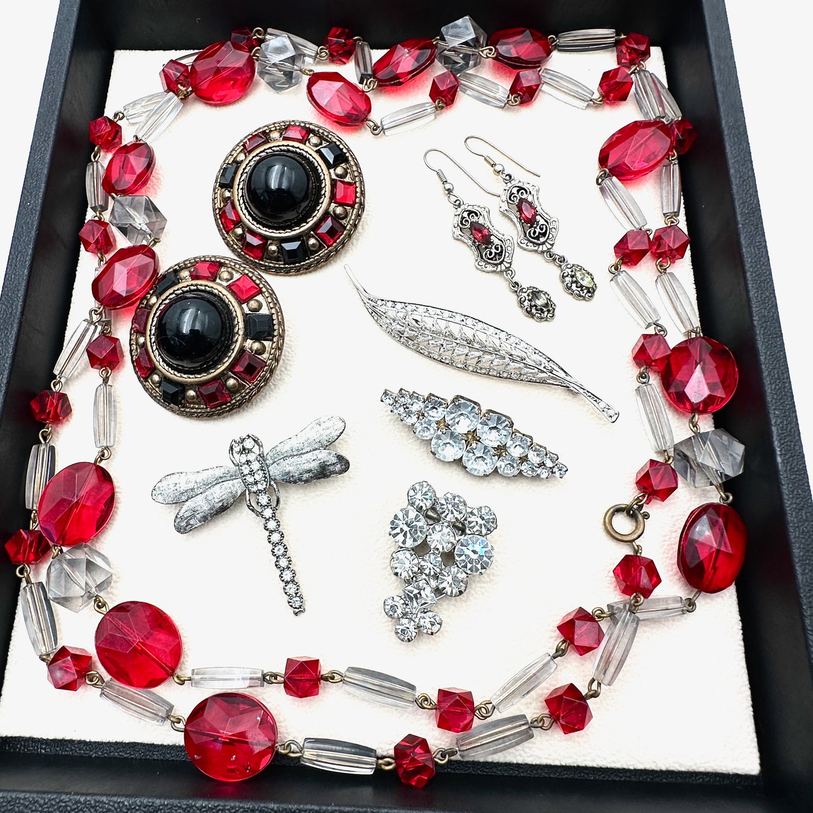 Vintage and Modern Jewelry Collection Group Red Grey Bead Necklace Brooches Earrings (1 of 2)