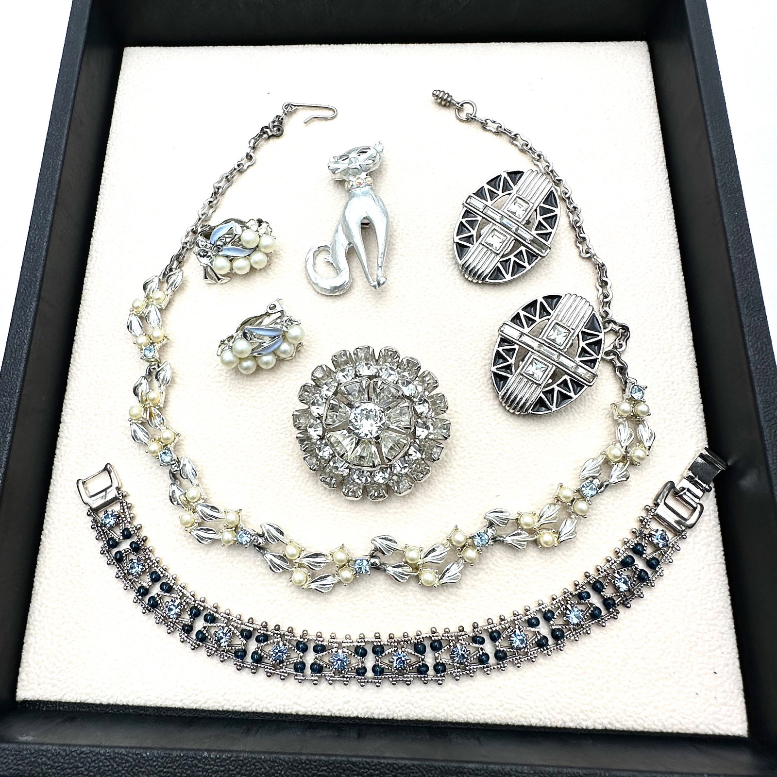 Vintage and Modern Jewelry Collection Group Blue Rhinestone Necklace Bracelet Clip Earrings Cat (1 of 2)
