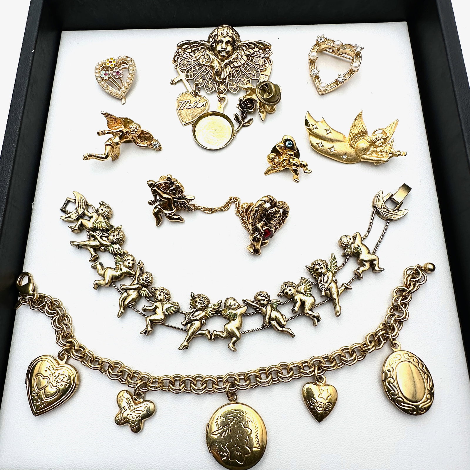 Vintage and Modern Jewelry Collection Group Victorian Revival Bracelets Brooches Angels Lockets Gold (1 of 2)