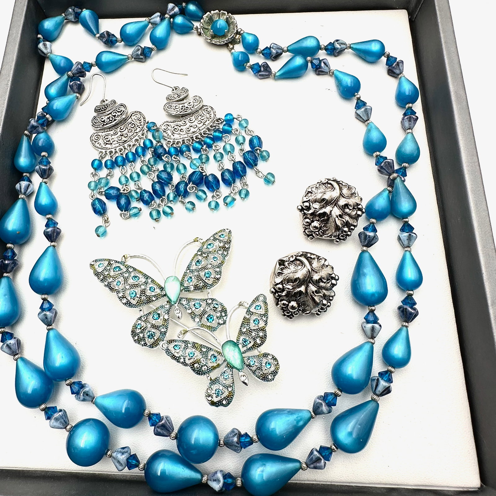 Vintage and Modern Jewelry Collection Group Blue Multi Strand Necklace Butterfly Brooch Pin: Vintage and Modern Jewelry Collection Group Blue Multi Strand Necklace Butterfly Brooch Pin Coordinating Earrings