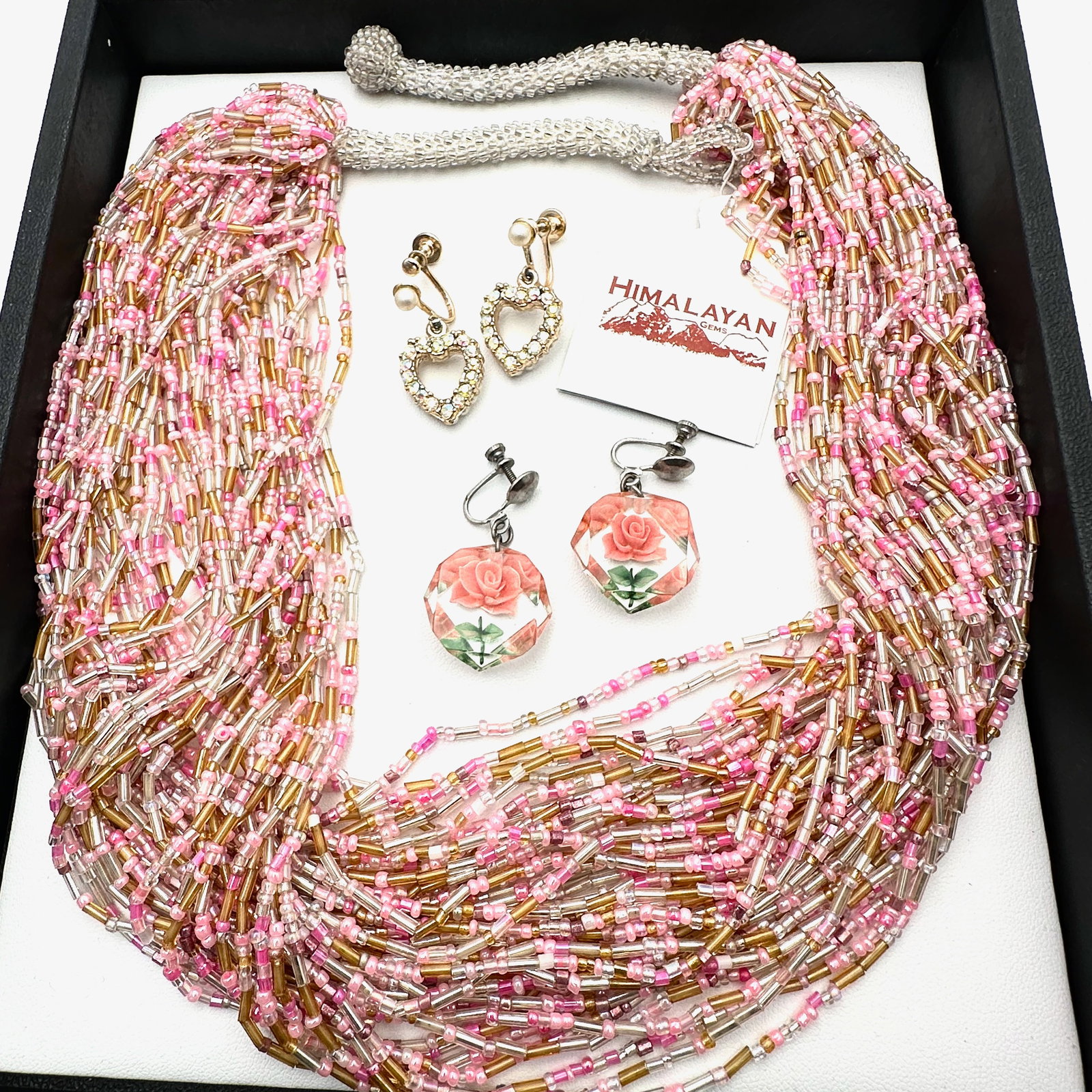 Vintage and Modern Jewelry Collection Group Himalayan Gems Pink Glass Bead Necklace Vintage Earrings (1 of 2)