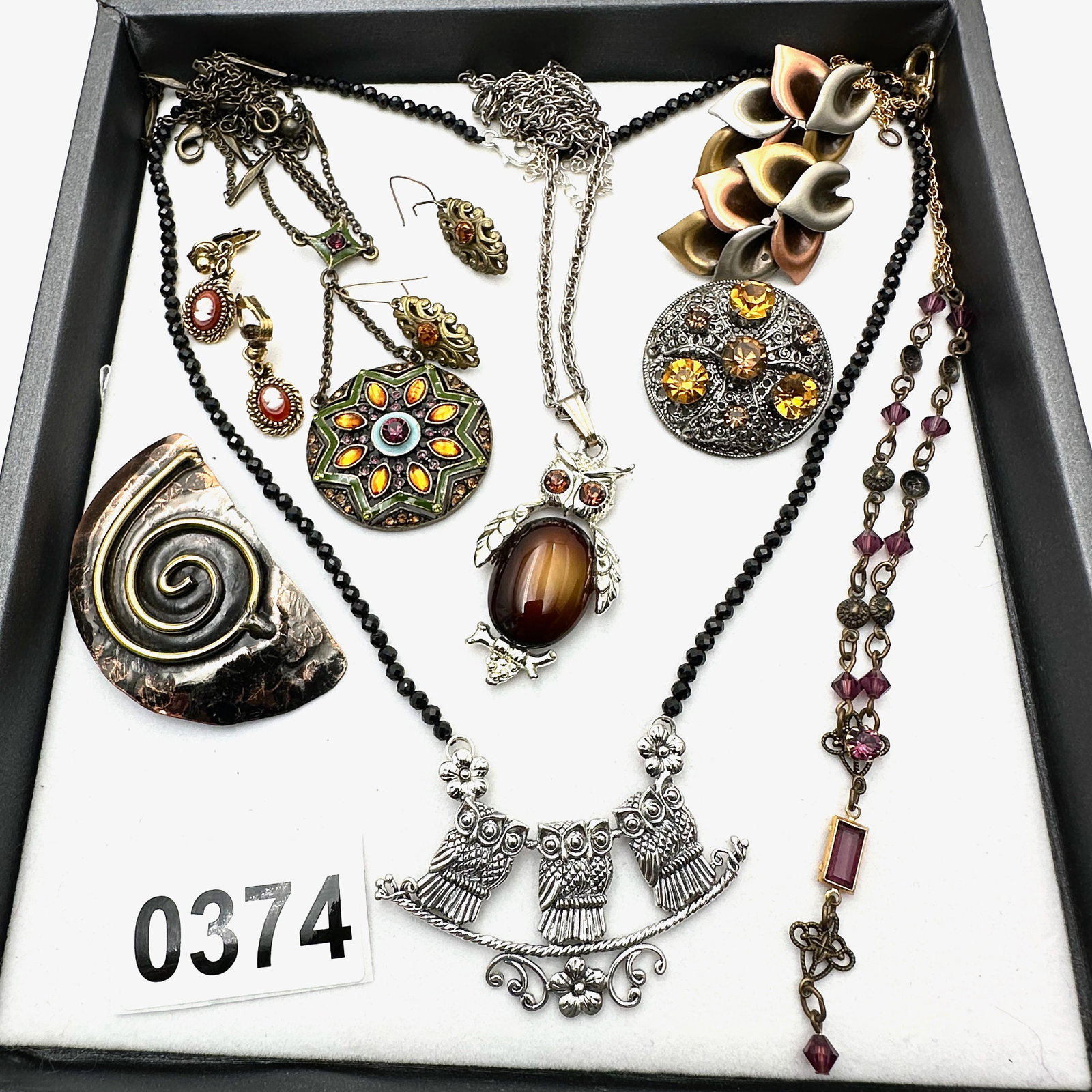 Vintage and Modern Jewelry Collection Group Amber Rhinestones Owl Necklaces Artisan Mixed Metal (1 of 2)