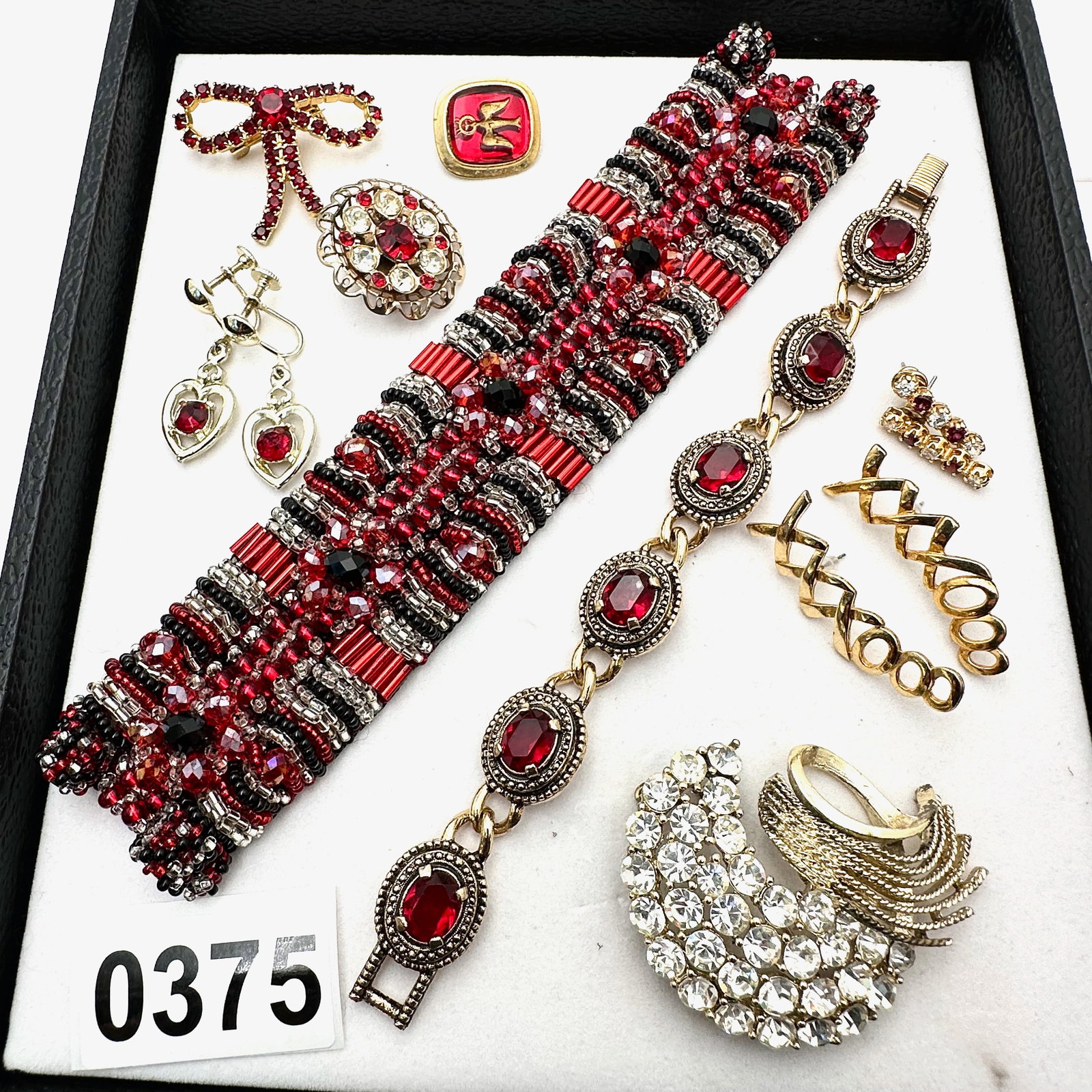 Vintage and Modern Jewelry Collection Group Red Glass Bead Bracelet Rhinestones Intaglio Glass (1 of 2)