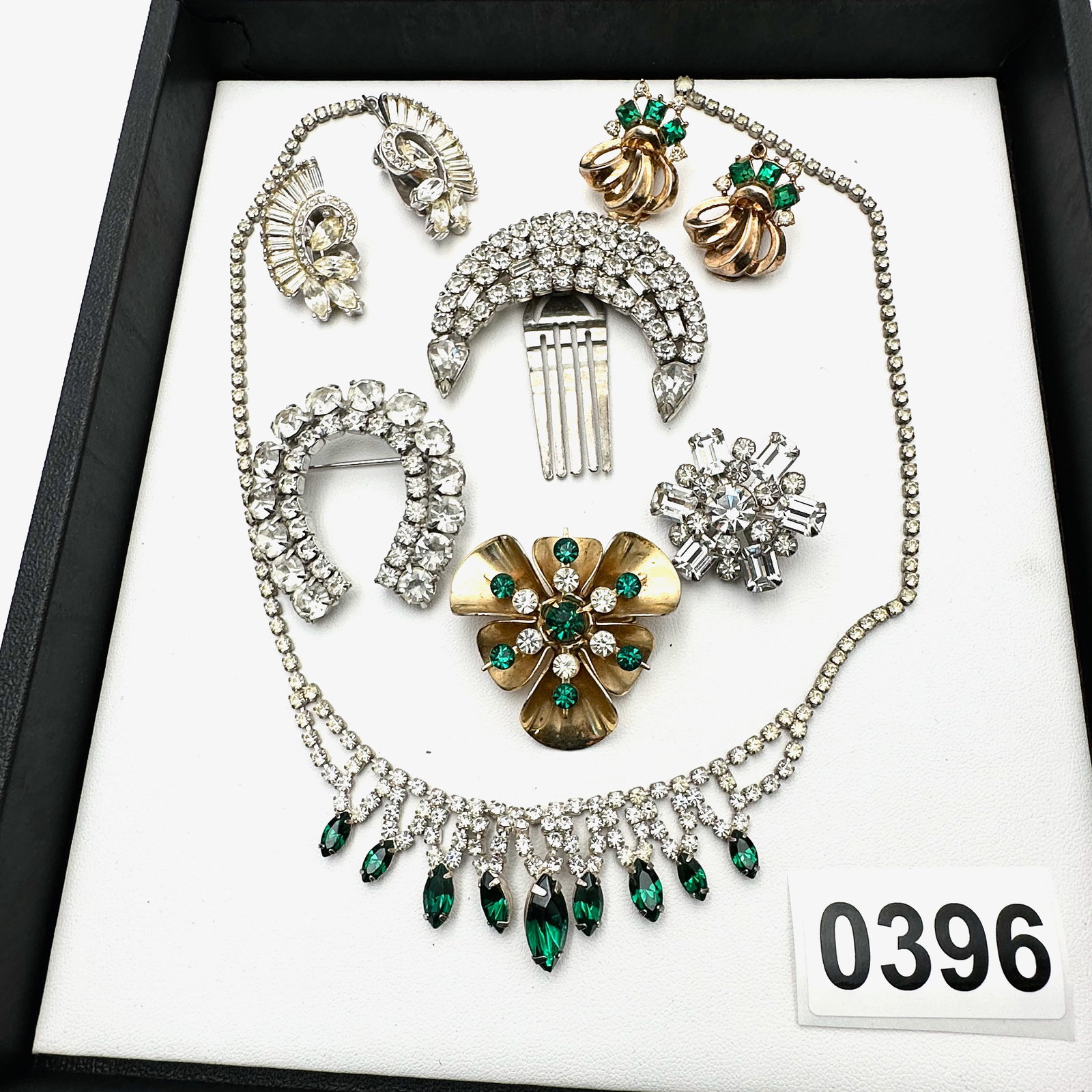 Vintage and Modern Jewelry Collection Group Green and Clear Rhinestone Necklace Brooches Earrings (1 of 2)