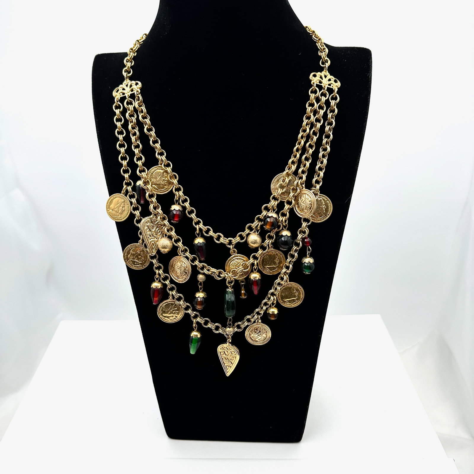 Vintage Gold Tone Coin and Art Glass Bead Statement Necklace 20 Inch Wearable Length: Vintage Gold Tone Coin and Art Glass Bead Statement Necklace 20 Inch Wearable Length
