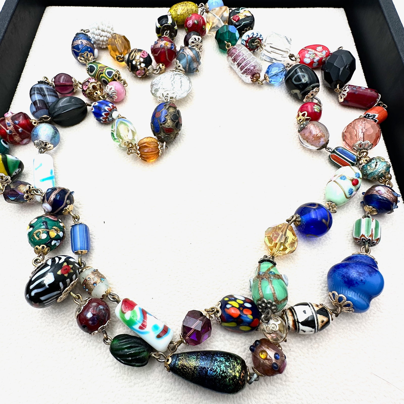 Vintage Venetian Glass Trade Bead Art Glass Gold Tone Necklace 48 Inch Length Beautiful Colors (1 of 2)