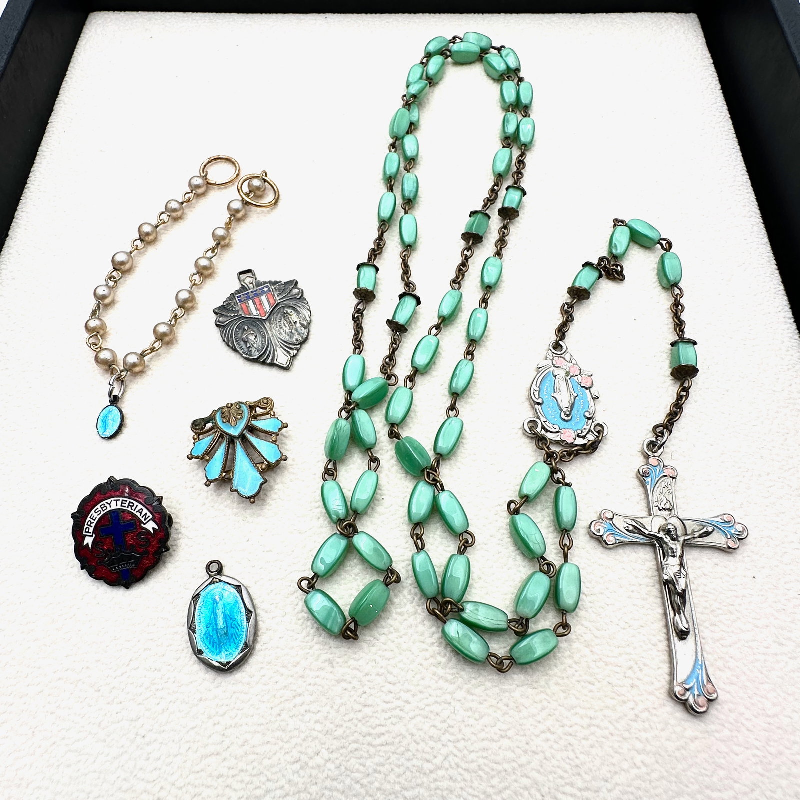 Antique Vintage Enamel Guilloche Religious Items Collection Rosary Pins Bracelet (1 of 2)