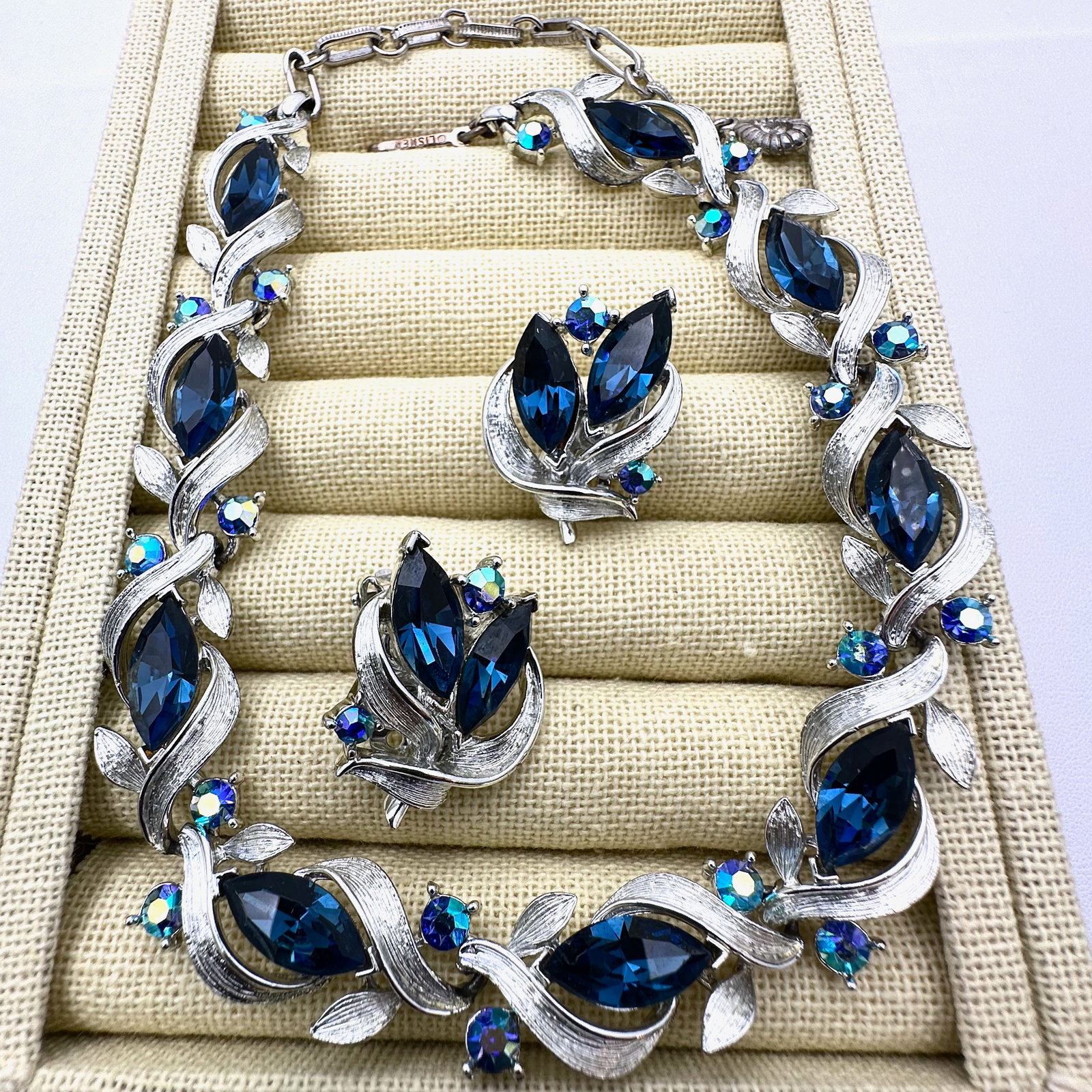 Vintage Lisner Blue Glass Rhinestone Silver Tone 16 Inch Necklace and Clip Earrings Set (1 of 2)