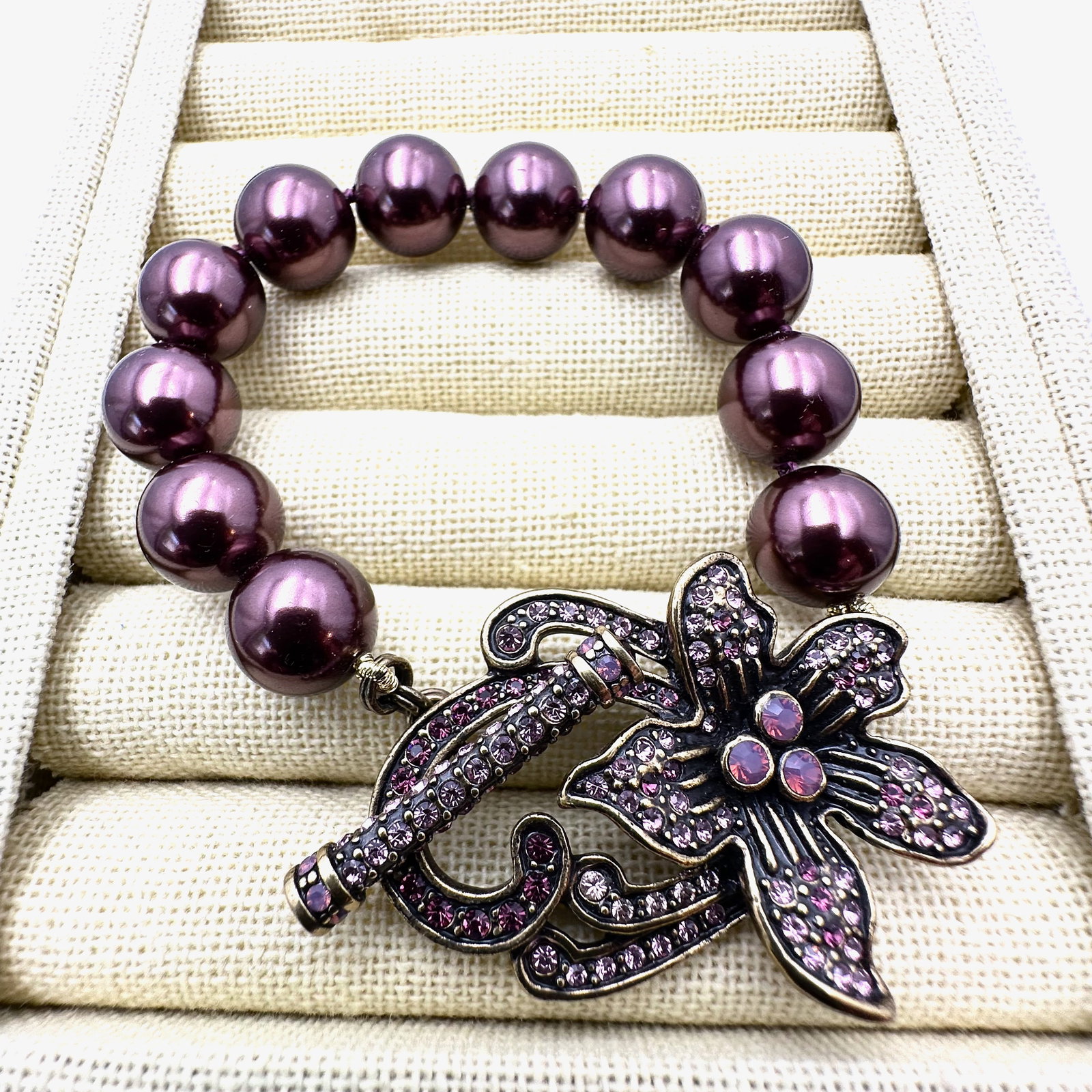 Heidi Daus Pink Crystal Dark Pink Glass Bead Bronze Tone Bracelet 7.5 Inch (1 of 2)