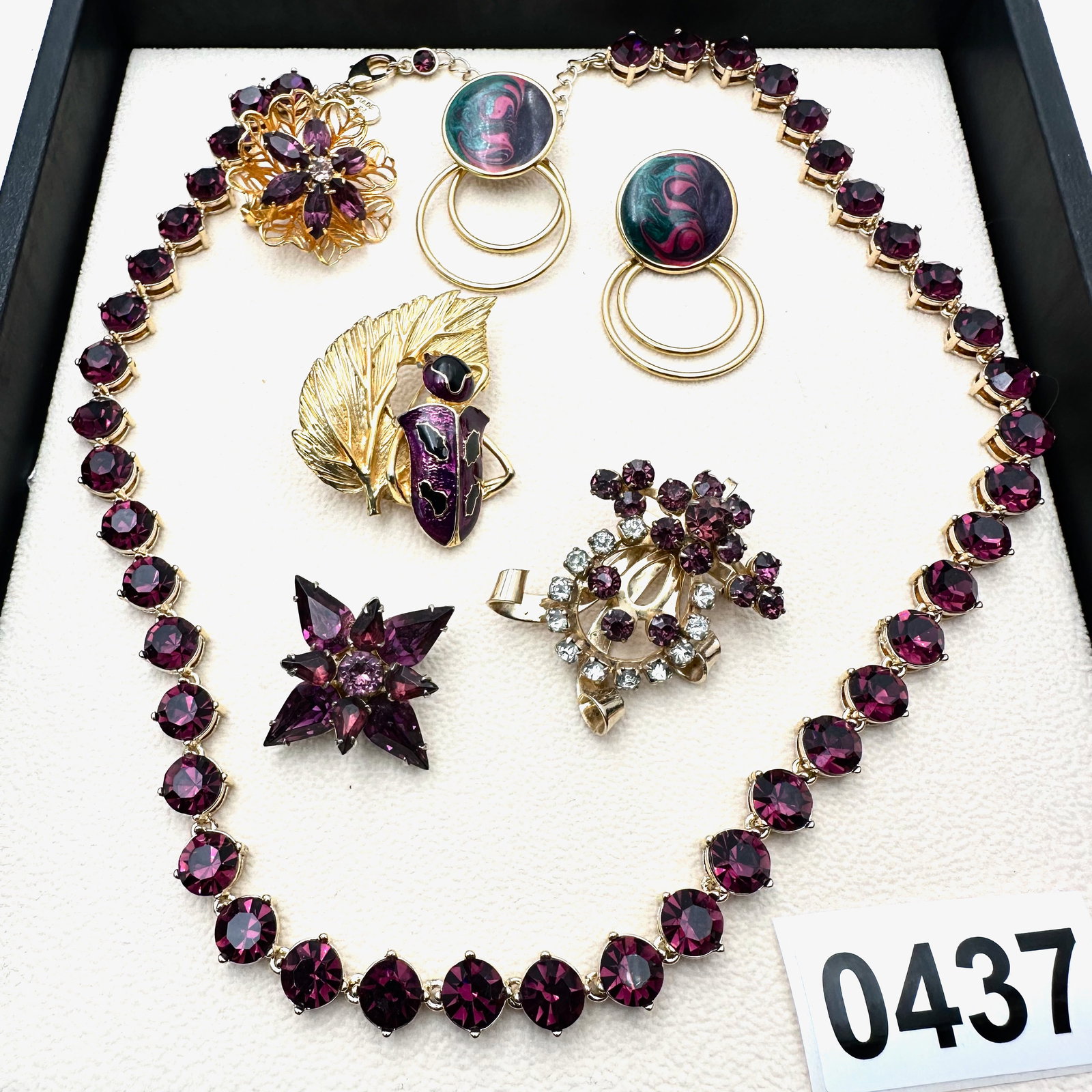 Vintage and Modern Jewelry Collection Purple Crystal Gold tone Necklace Scarab Bug Brooch Pierced (1 of 2)