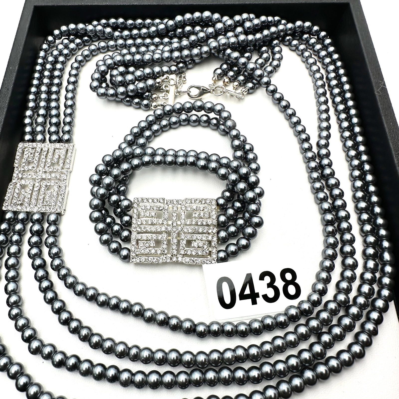 Black Glass Faux Pearl Crystal Statement 24 Inch Necklace and Coordinating Bracelet (1 of 2)
